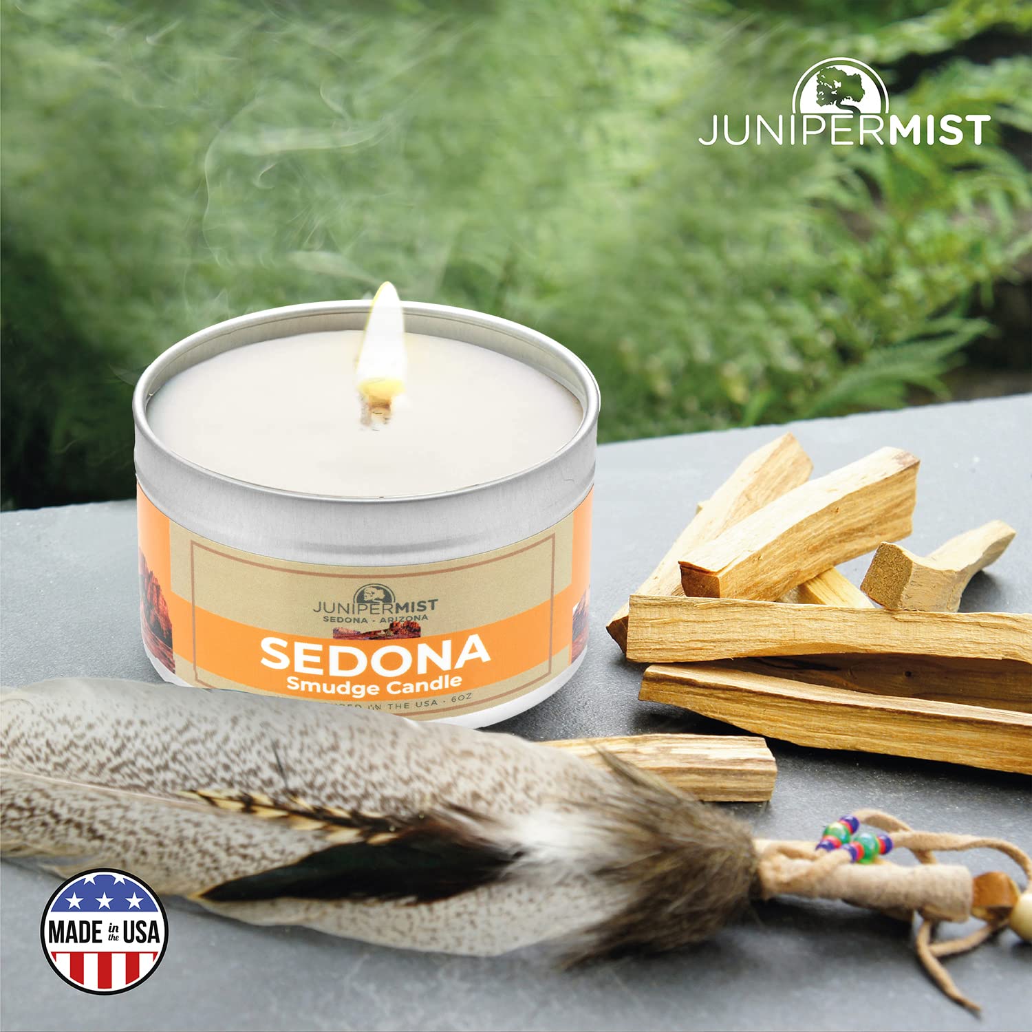 JuniperMist Sedona Smudge Candle portable tin designed for travel rituals.