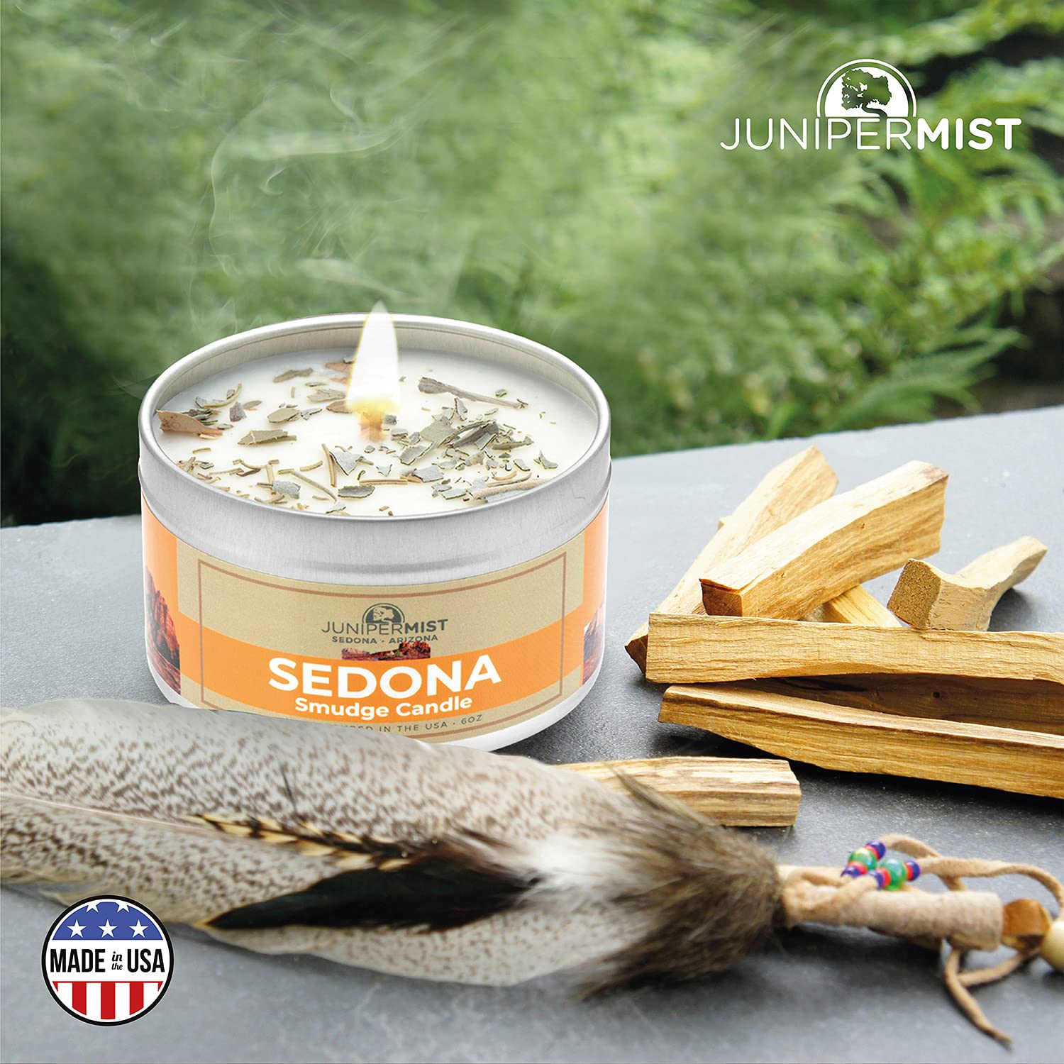 JuniperMist Sedona Smudge Candle smokeless design ideal for travel rituals.