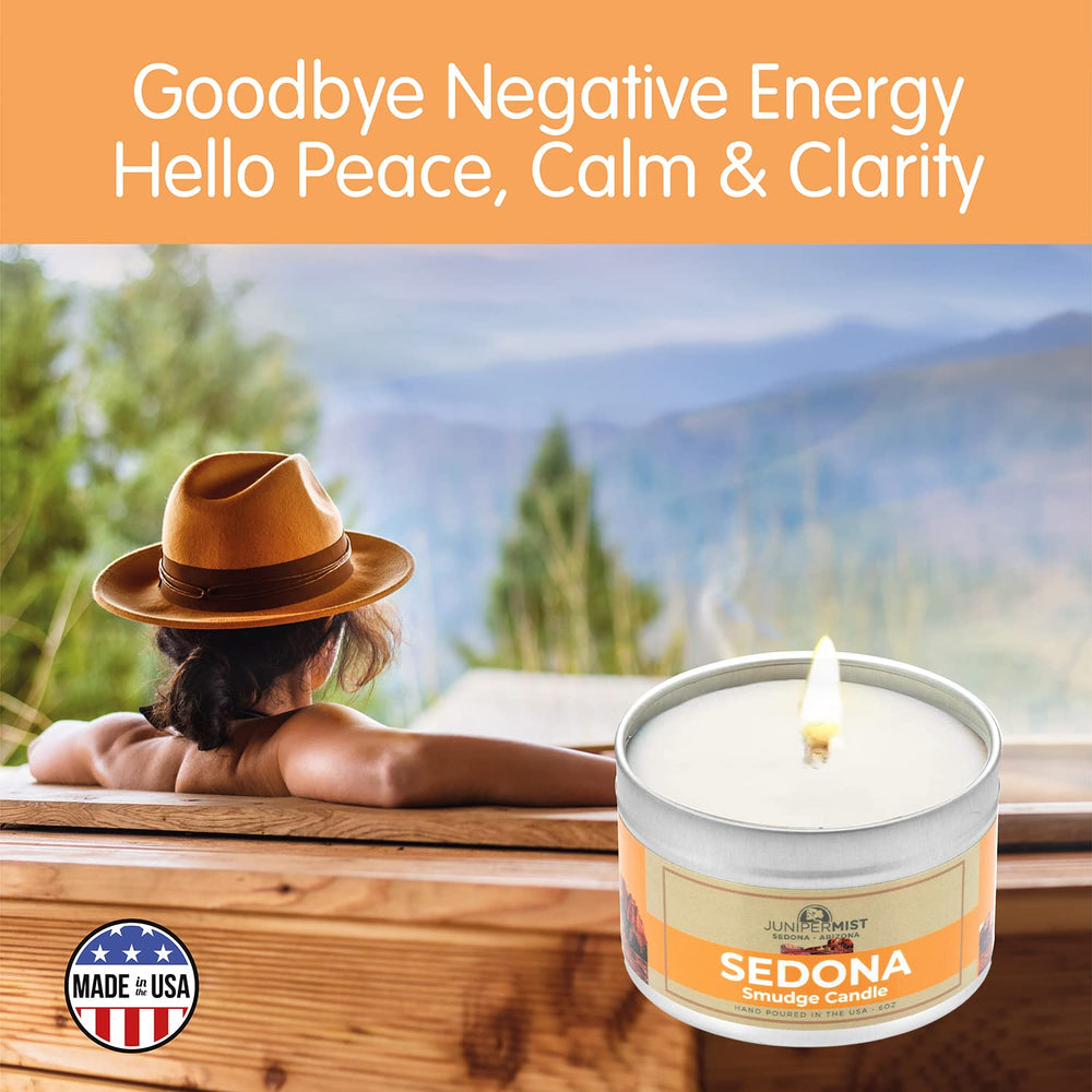 JuniperMist Sedona Smudge Candle sweetgrass scent promotes protective energy at home.
