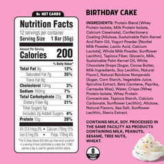 JUNKLESS Birthday Cake bar close-up texture; chewy, candy-bar feel for satisfying cravings.