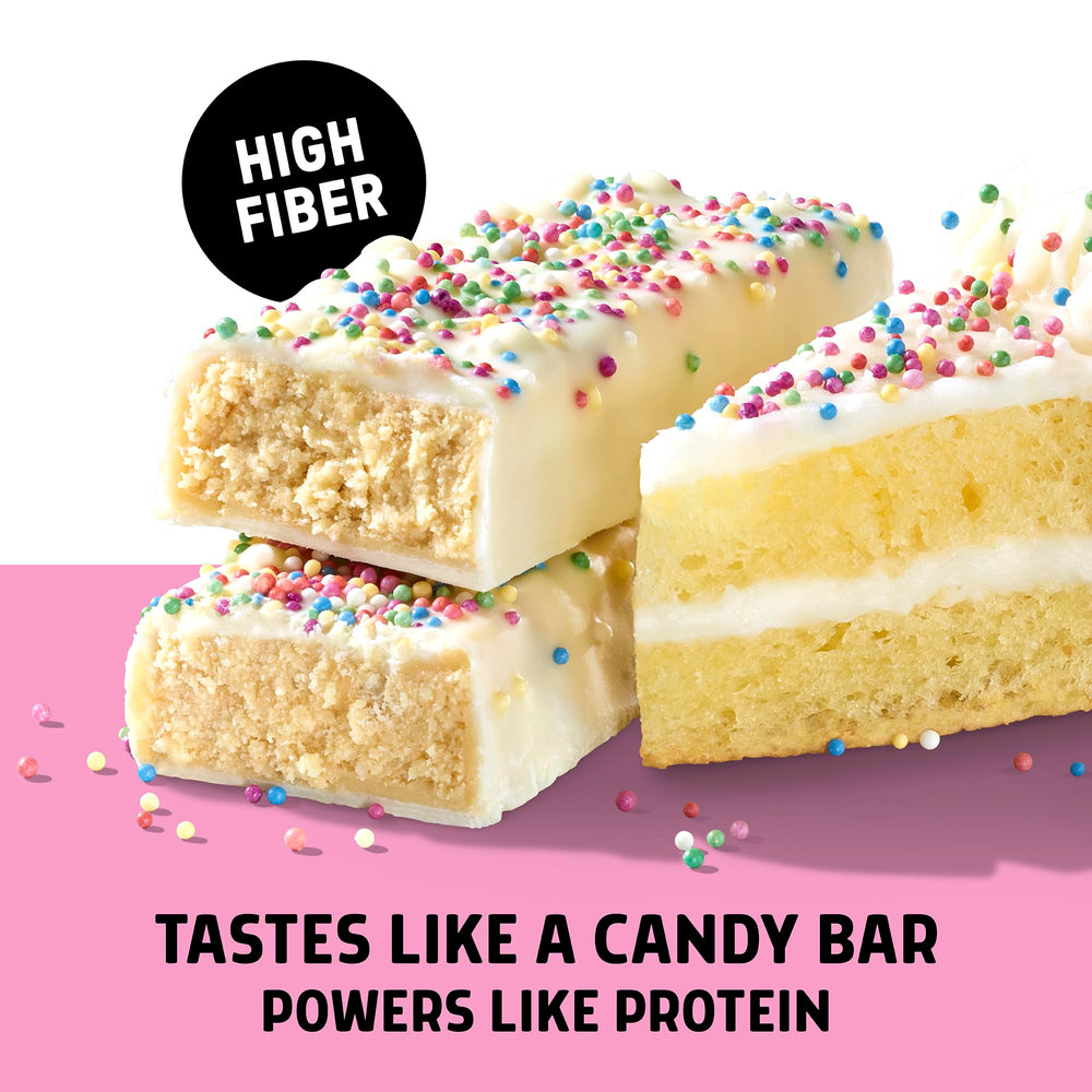 JUNKLESS Birthday Cake bar on shelf; gluten-free snack with clean ingredients.