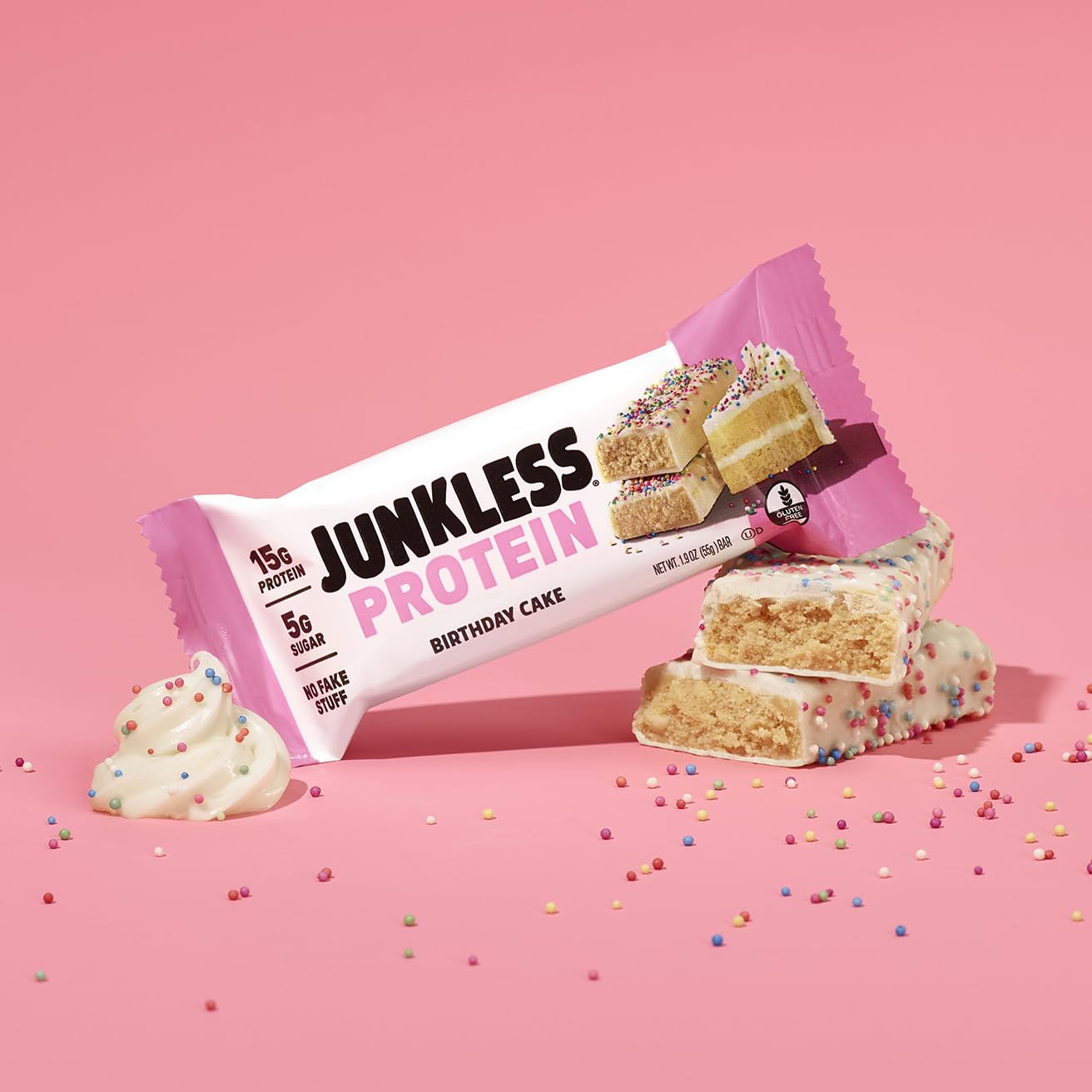 JUNKLESS Birthday Cake bar post-workout snack; quick protein boost after training.