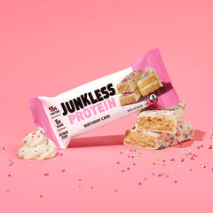 JUNKLESS Birthday Cake bar post-workout snack; quick protein boost after training.