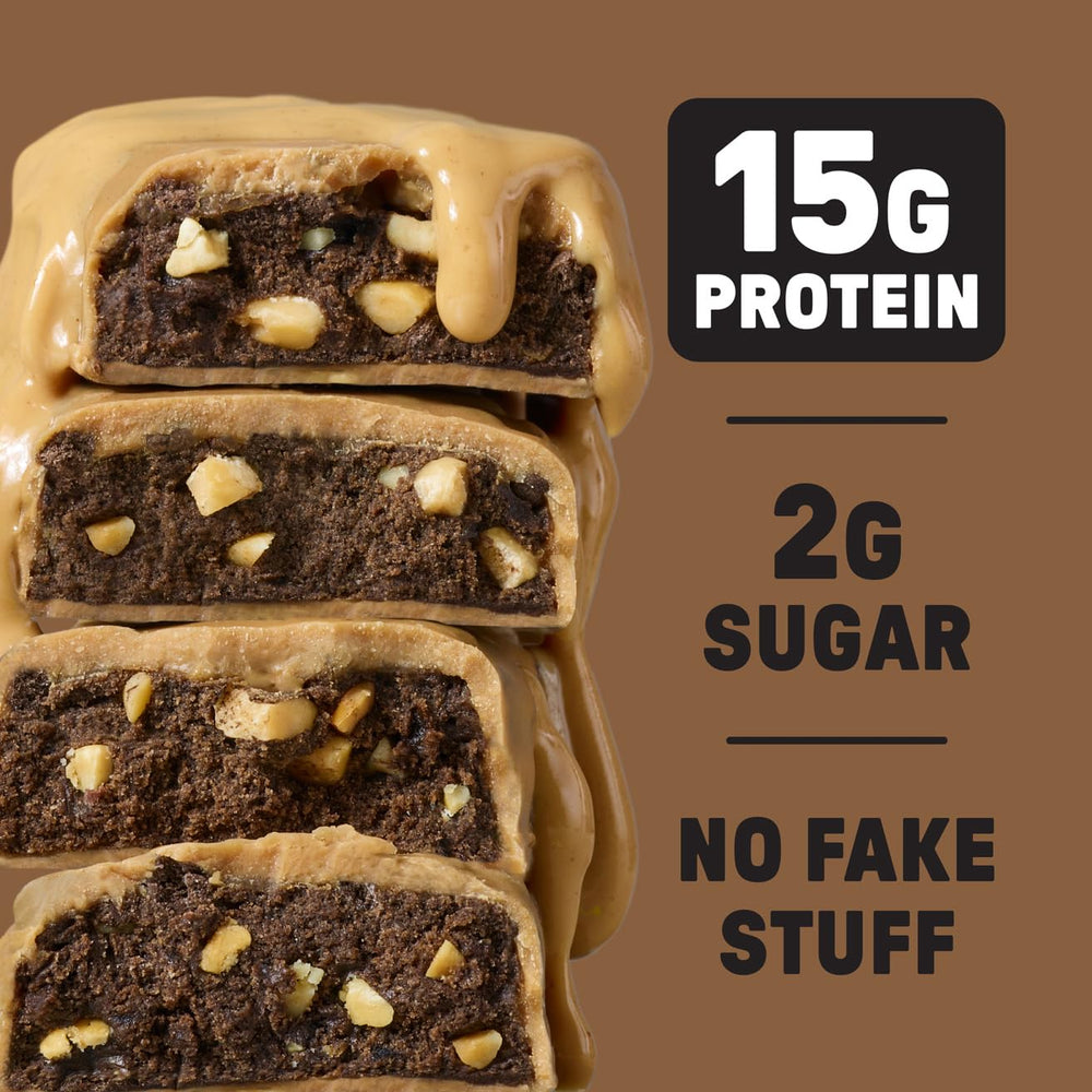 JUNKLESS Peanut Butter Chocolate Brownie bar close-up shows chewy texture and no added sugar.