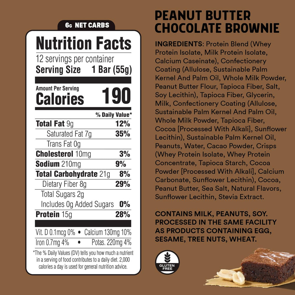 JUNKLESS Peanut Butter Chocolate Brownie bar packaging, on-the-go energy with gluten-free goodness.