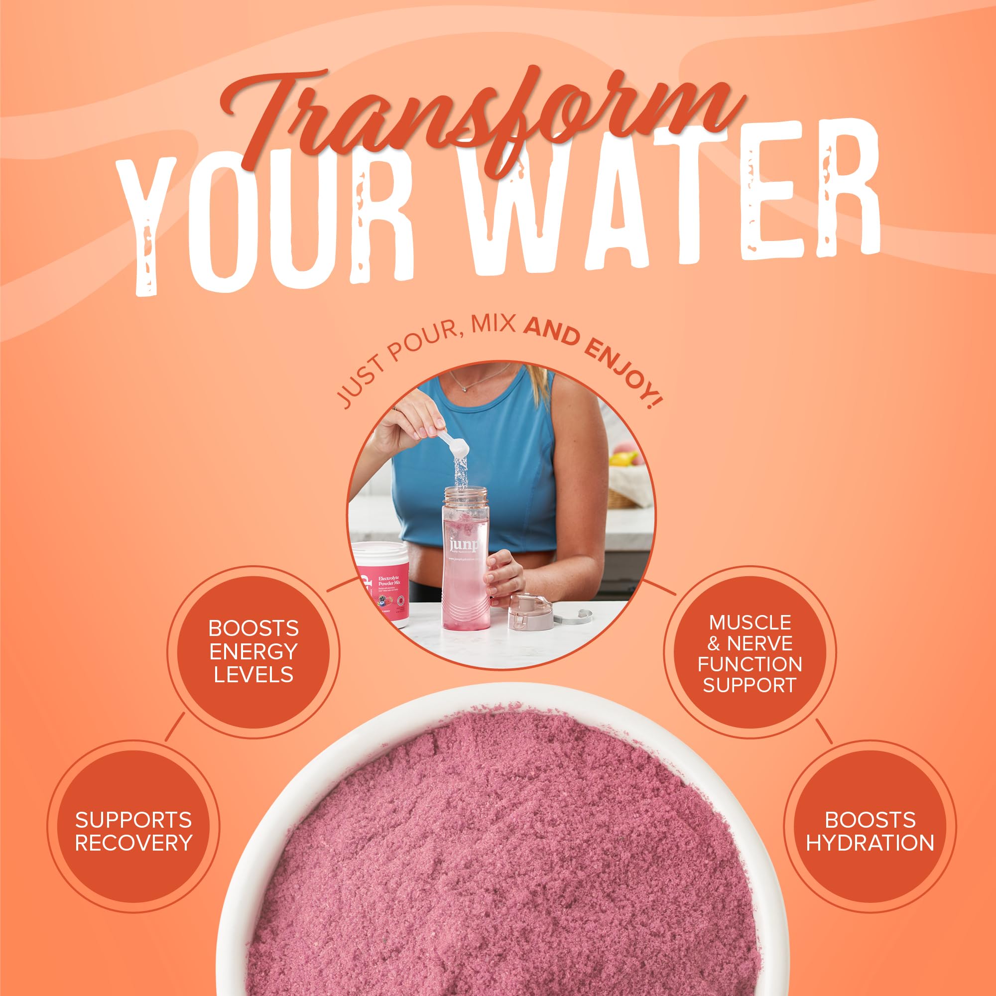 Portable JUNP electrolyte powder, ideal for travel and on-the-go hydration.