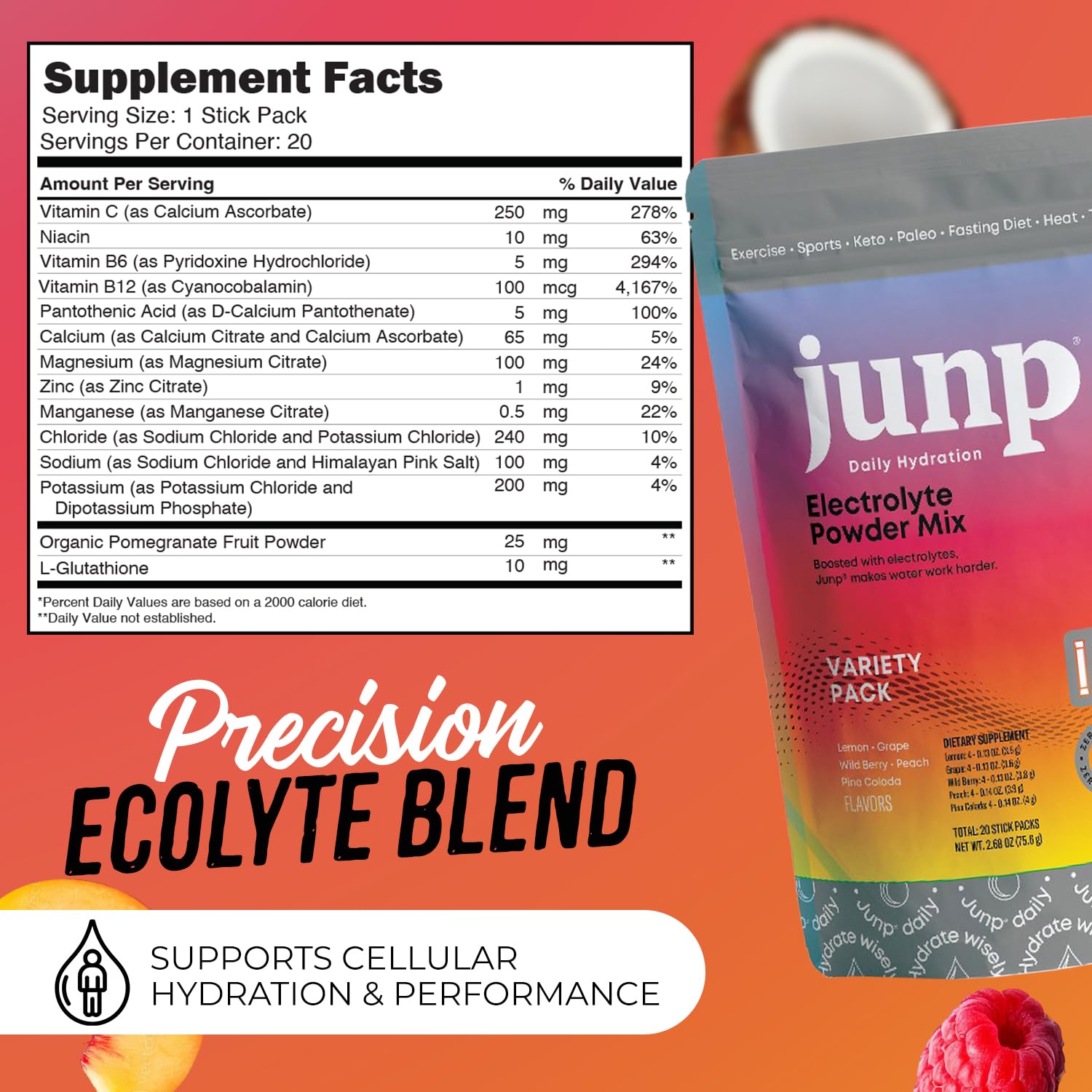 JUNP electrolyte powder dissolves quickly in cold water for refreshment.