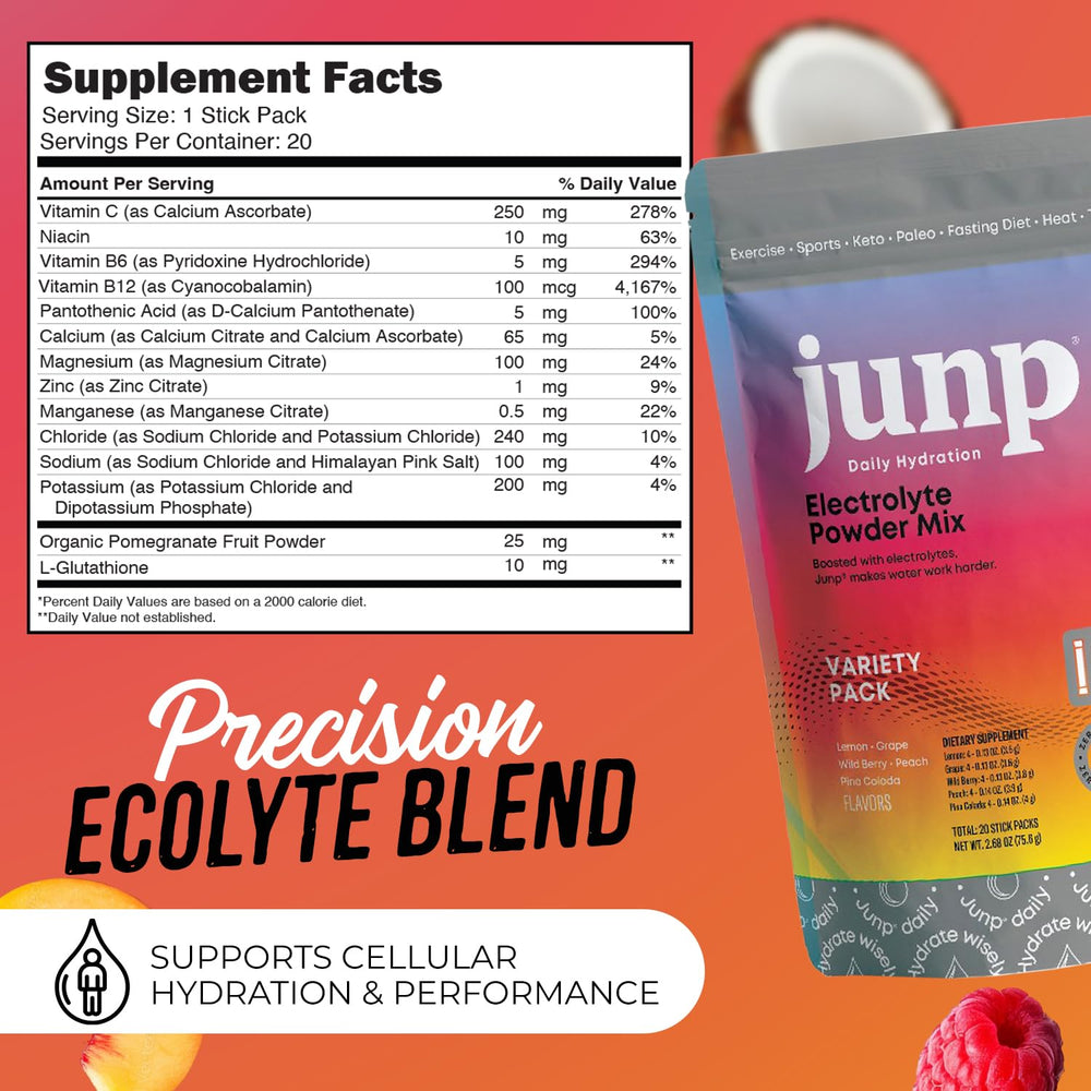 JUNP electrolyte powder dissolves quickly in cold water for refreshment.