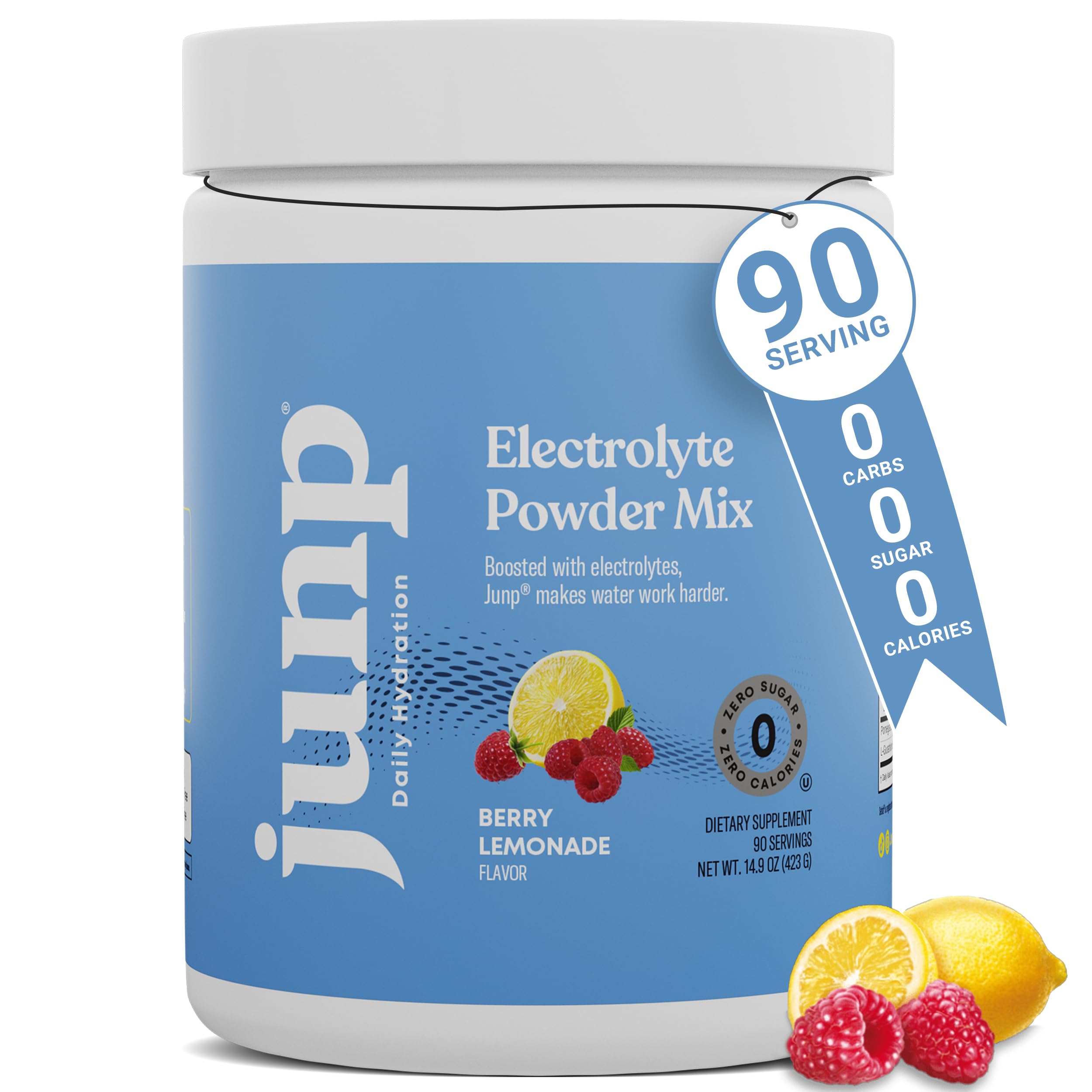 JUNP Berry Lemonade electrolyte powder bottle pour for quick on-the-go hydration.