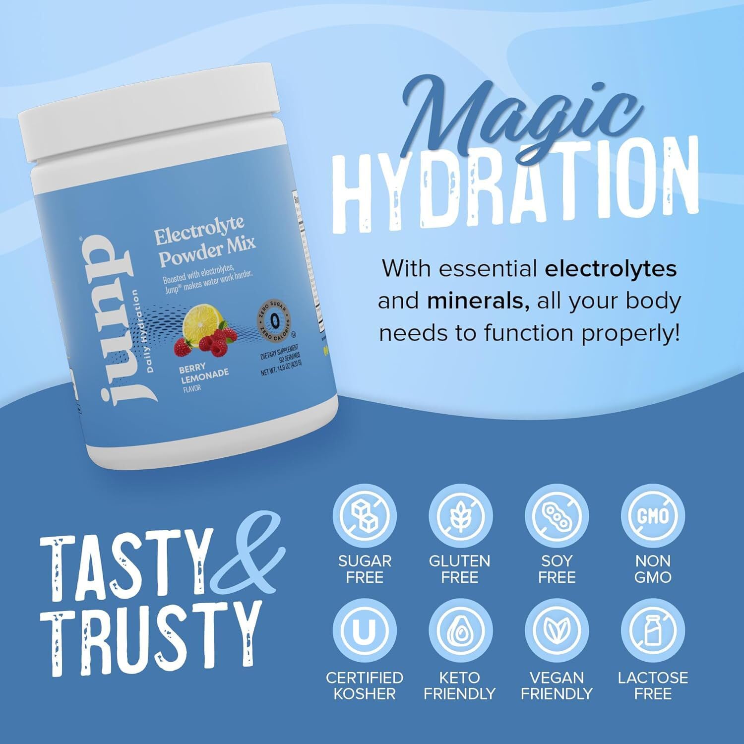 Eco-friendly packaging close-up for JUNP Berry Lemonade electrolyte powder.
