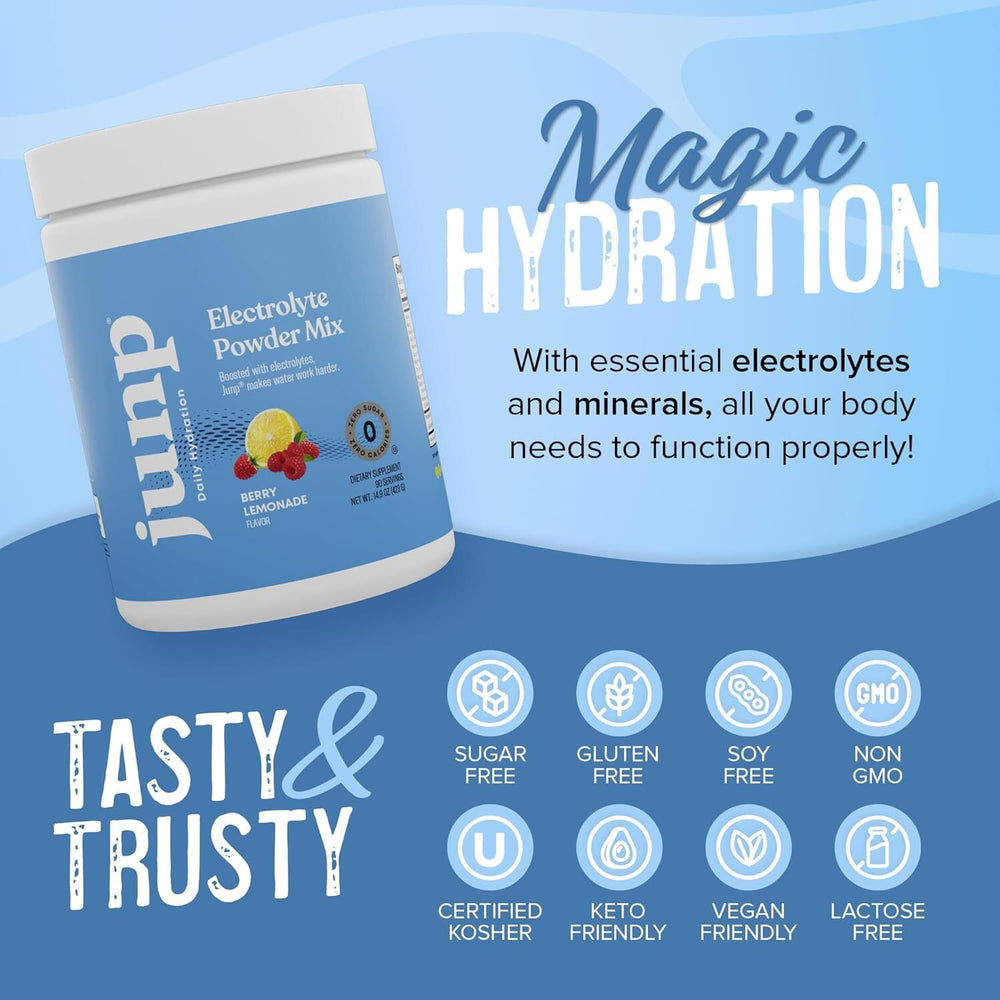 Eco-friendly packaging close-up for JUNP Berry Lemonade electrolyte powder.