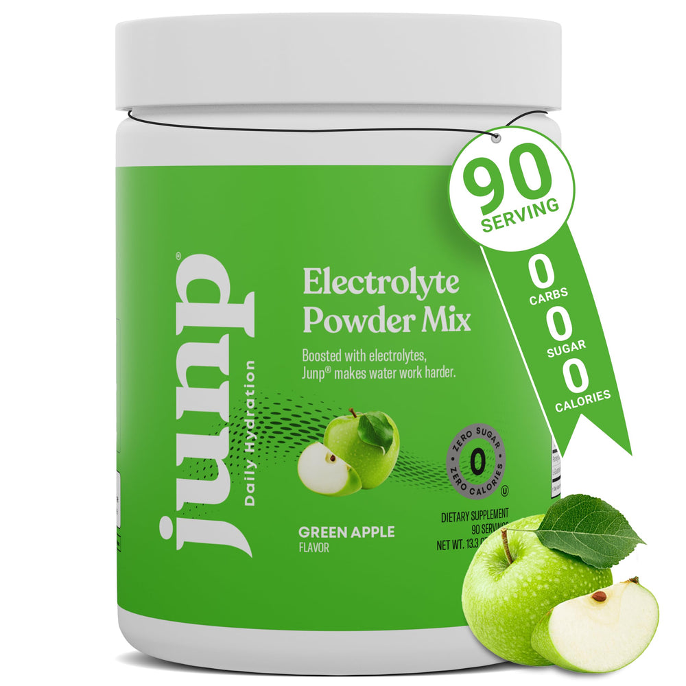 JUNP electrolytes powder canister boosts hydration with green apple flavor.