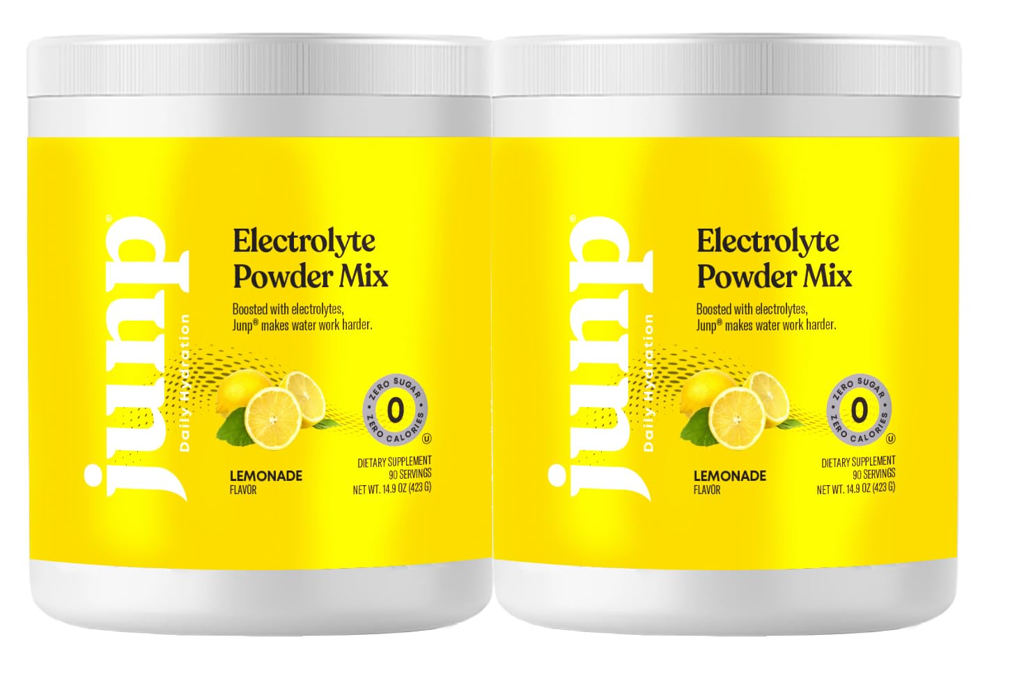 JUNP Electrolytes Lemonade powder tub ready for hydration and flavor.