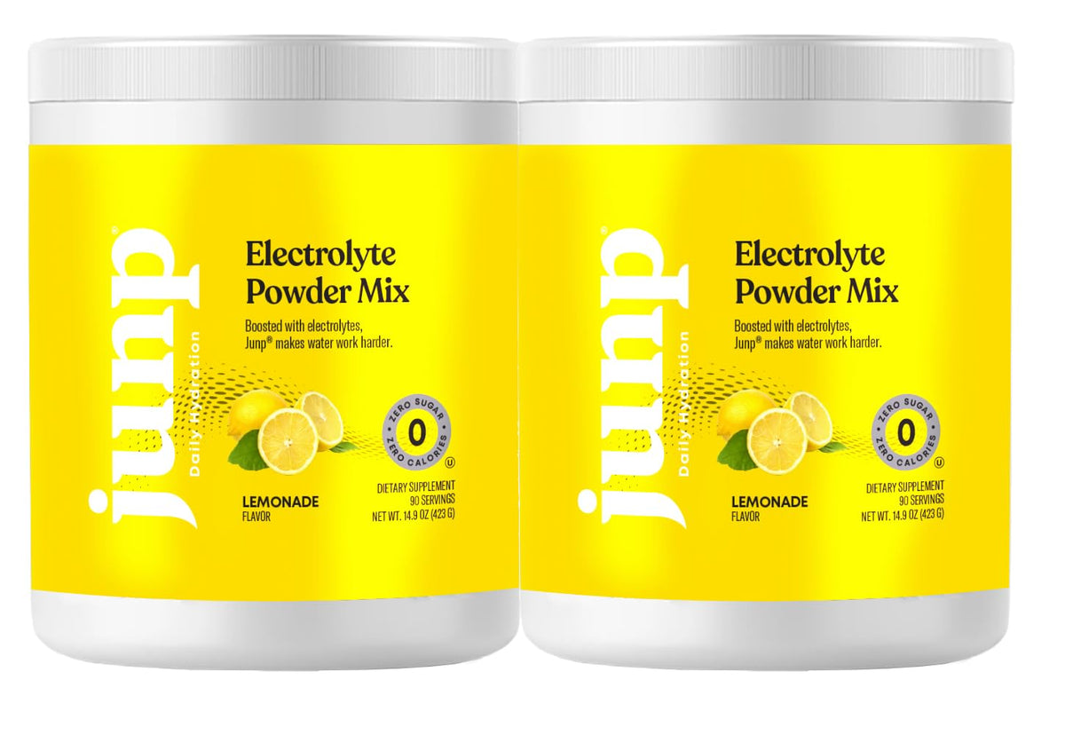 JUNP Electrolytes Lemonade powder tub ready for hydration and flavor.