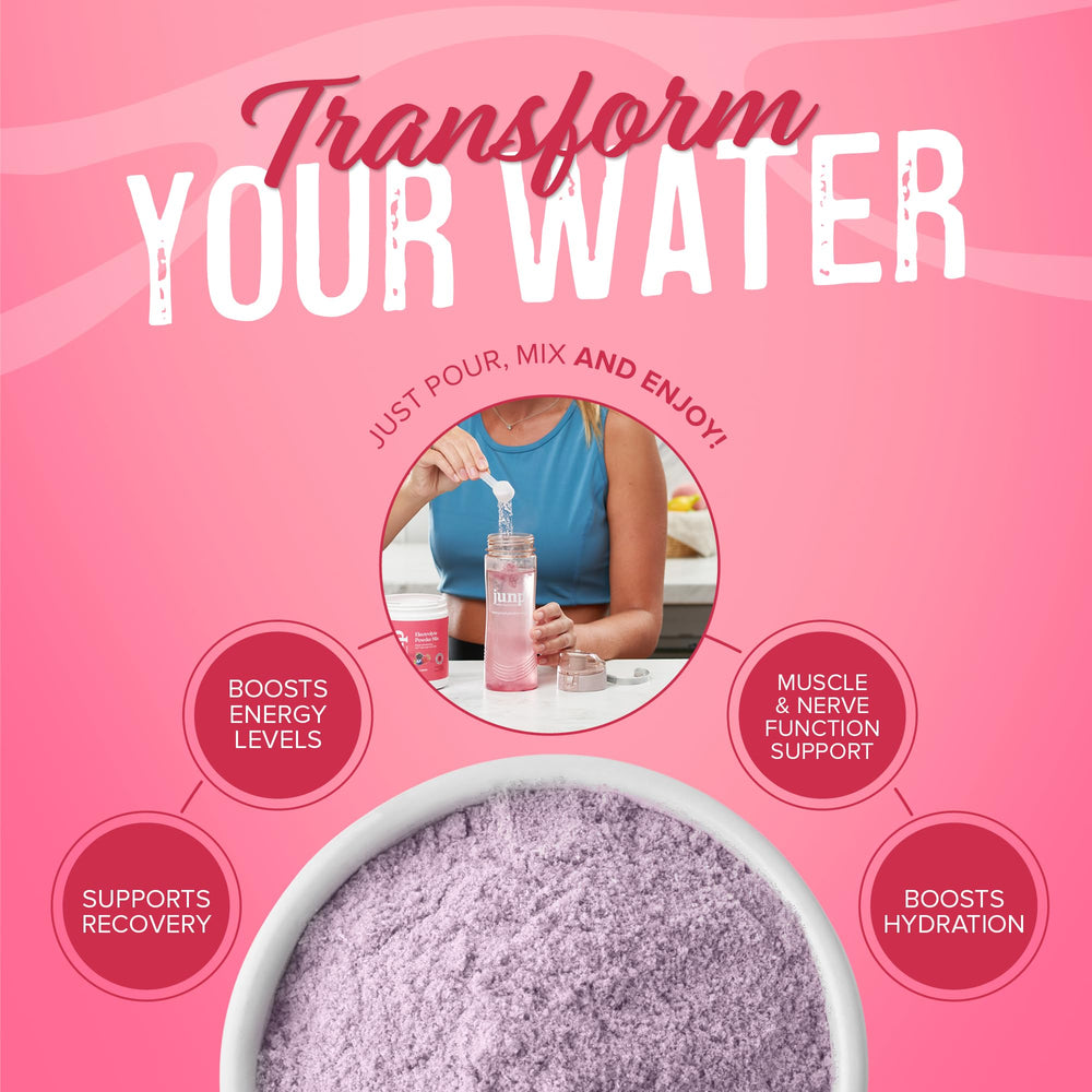 Glass of JUNP Wild Berry electrolyte drink after mixing