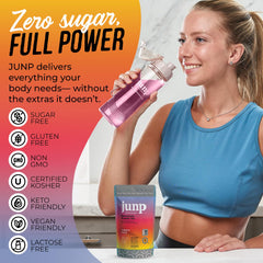JUNP five-flavor variety pack labels beside colorful sachets.
