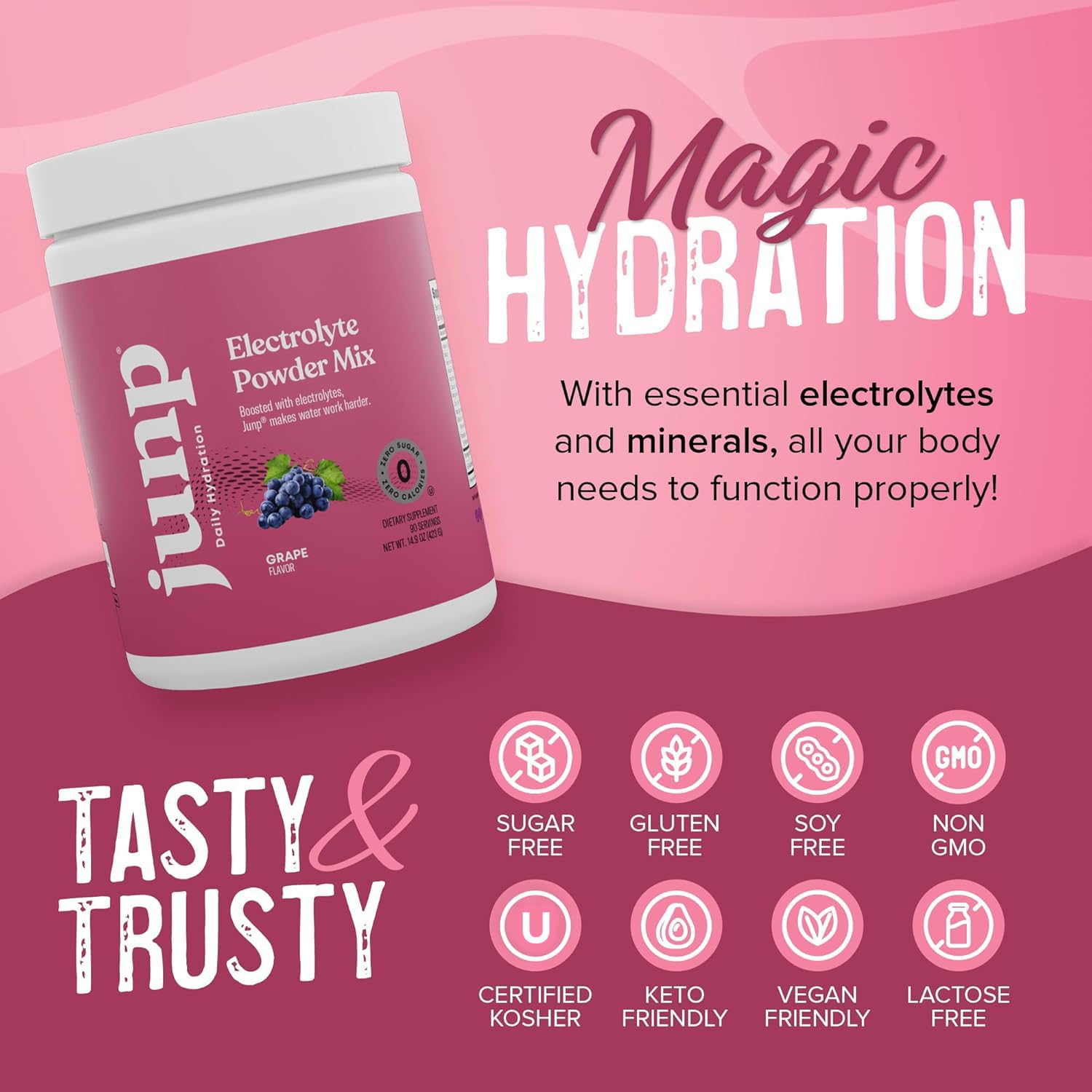 Reusable bottle labeled JUNP grape electrolyte powder for convenient hydration