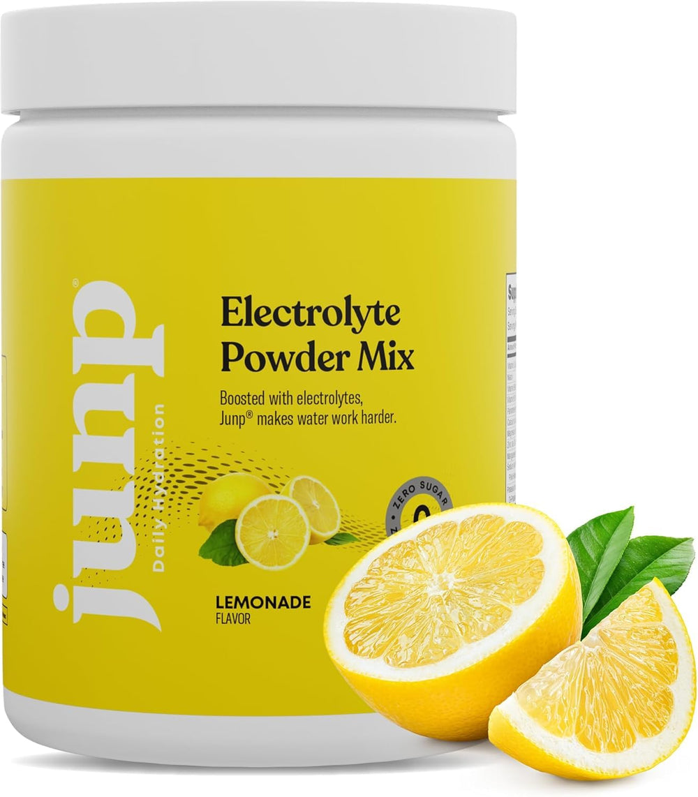 JUNP Lemonade Electrolyte Powder tub for convenient on-the-go hydration.