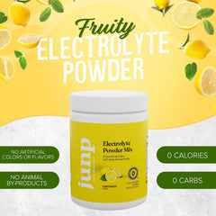 JUNP powder dissolving in water for quick zero‑calorie hydration.