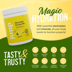 Glass with prepared JUNP Lemonade Electrolyte drink after mixing.