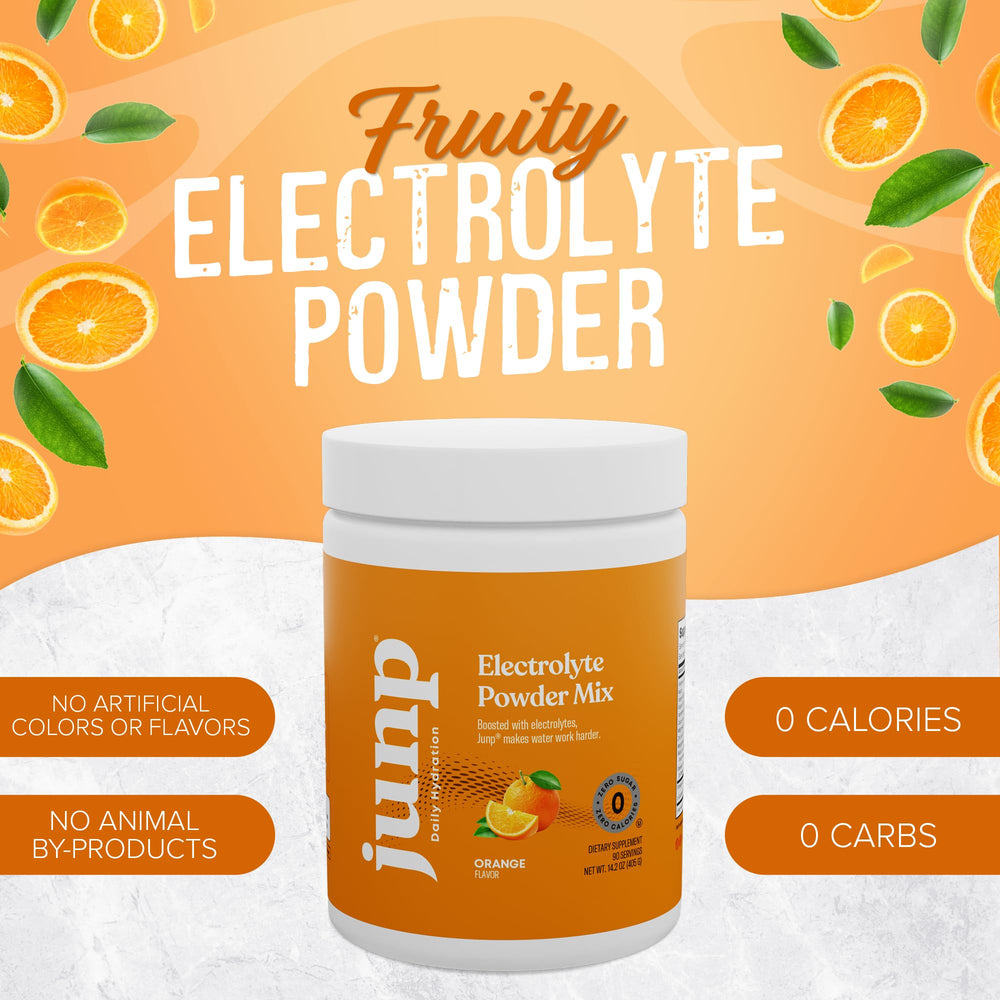JUNP orange electrolyte powder dissolves in water quickly for on-the-go hydration.