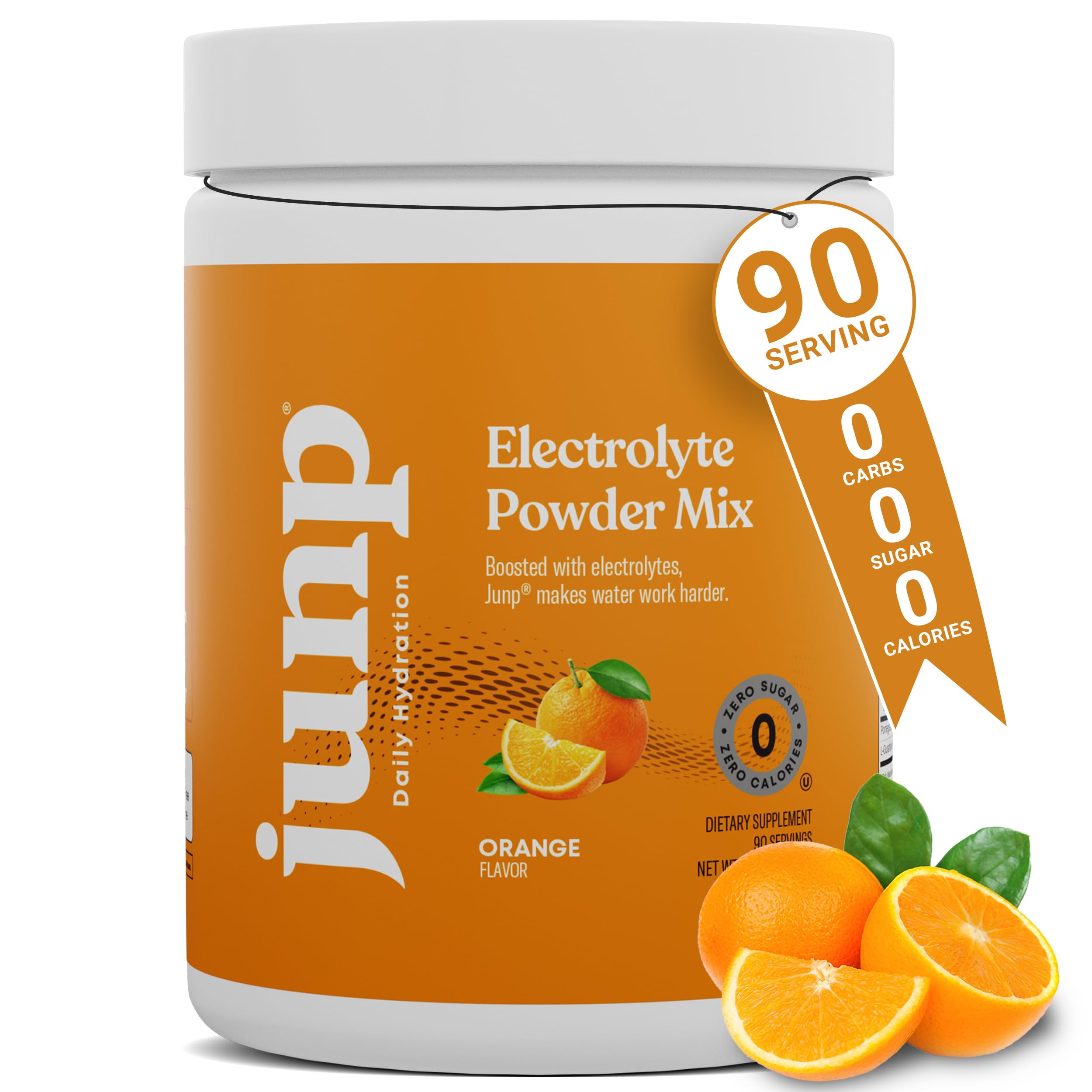 JUNP orange electrolyte powder jar illustrating vibrant flavor and zero-sugar hydration.