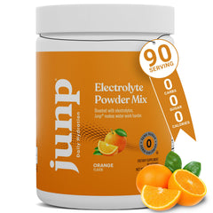 JUNP orange electrolyte powder jar illustrating vibrant flavor and zero-sugar hydration.