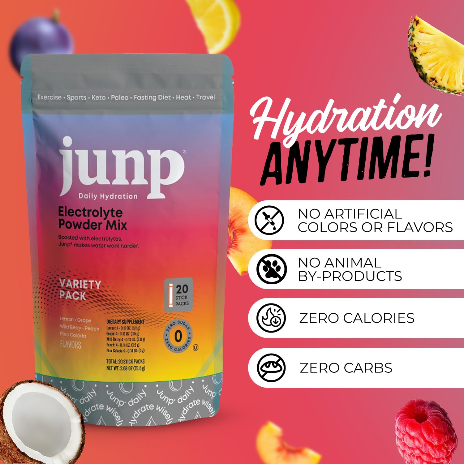 JUNP electrolyte powder poured into water for instant hydration.