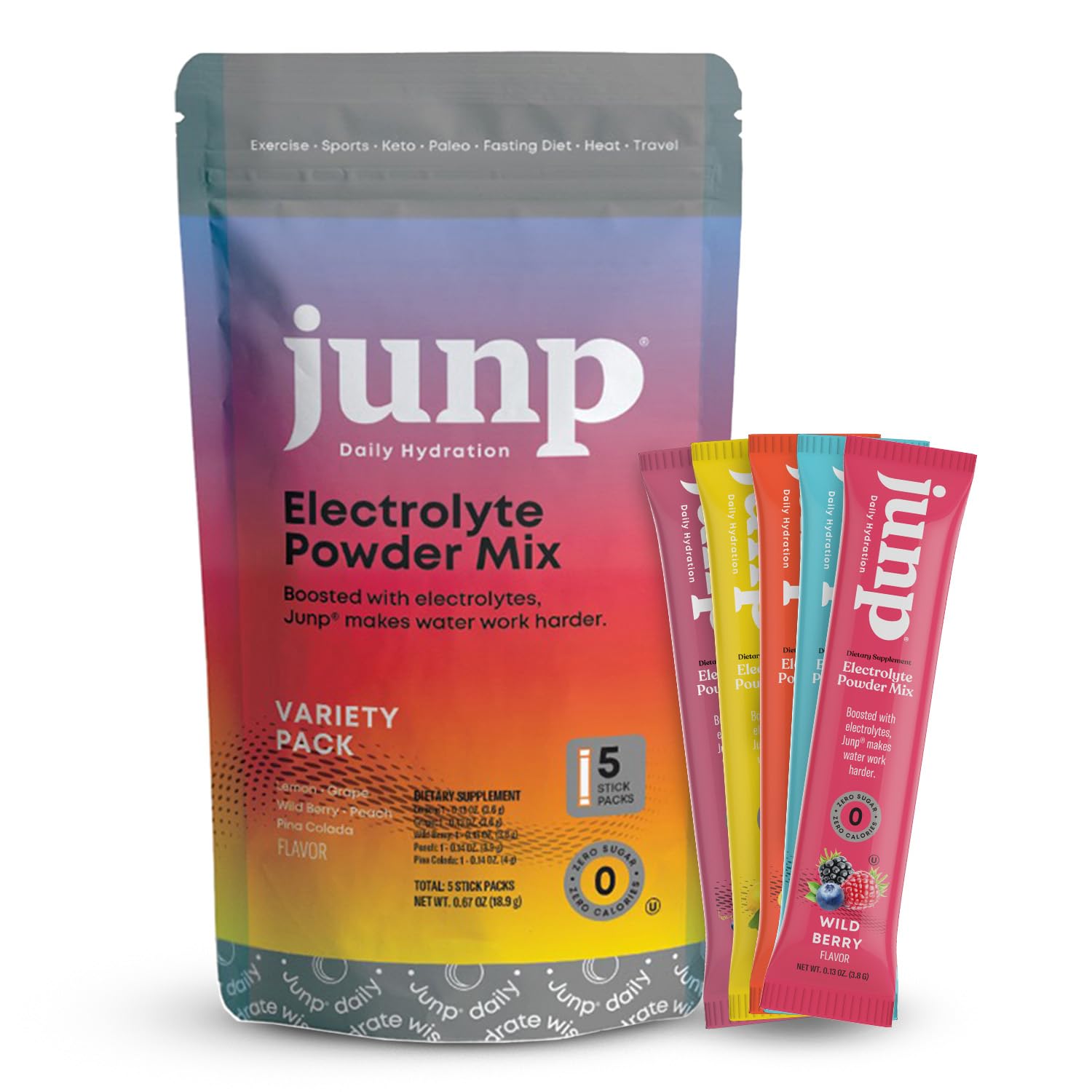 JUNP sugar-free electrolyte packets dissolving in water for quick hydration.