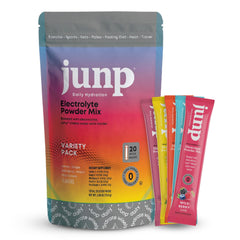 JUNP sugar-free electrolyte packets in a resealable pack for on-the-go hydration.
