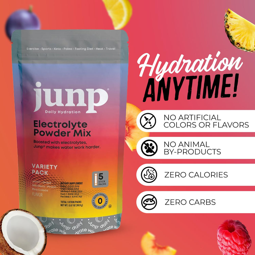 Five-flavor JUNP variety pack enhances everyday hydration with zero sugar.