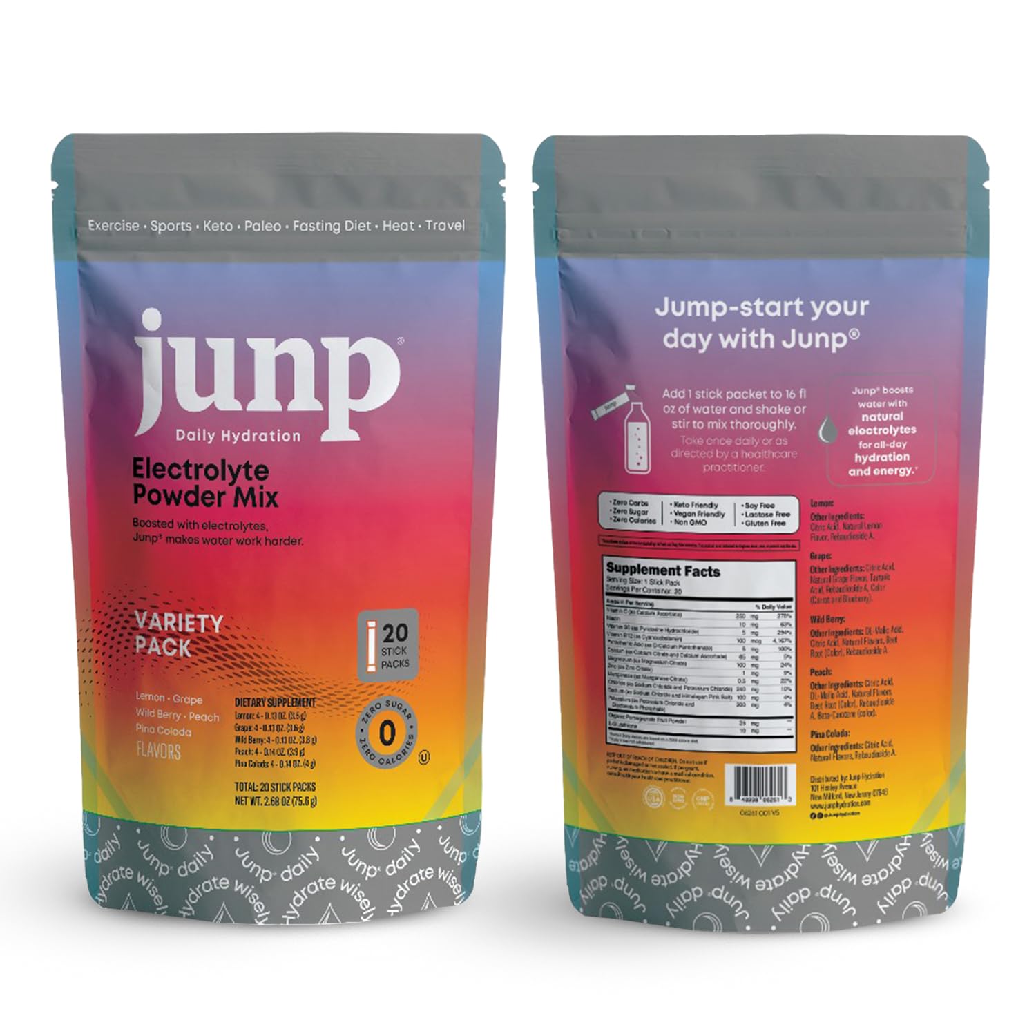 JUNP five-flavor variety pack with resealable pouch and easy-dissolve sticks.