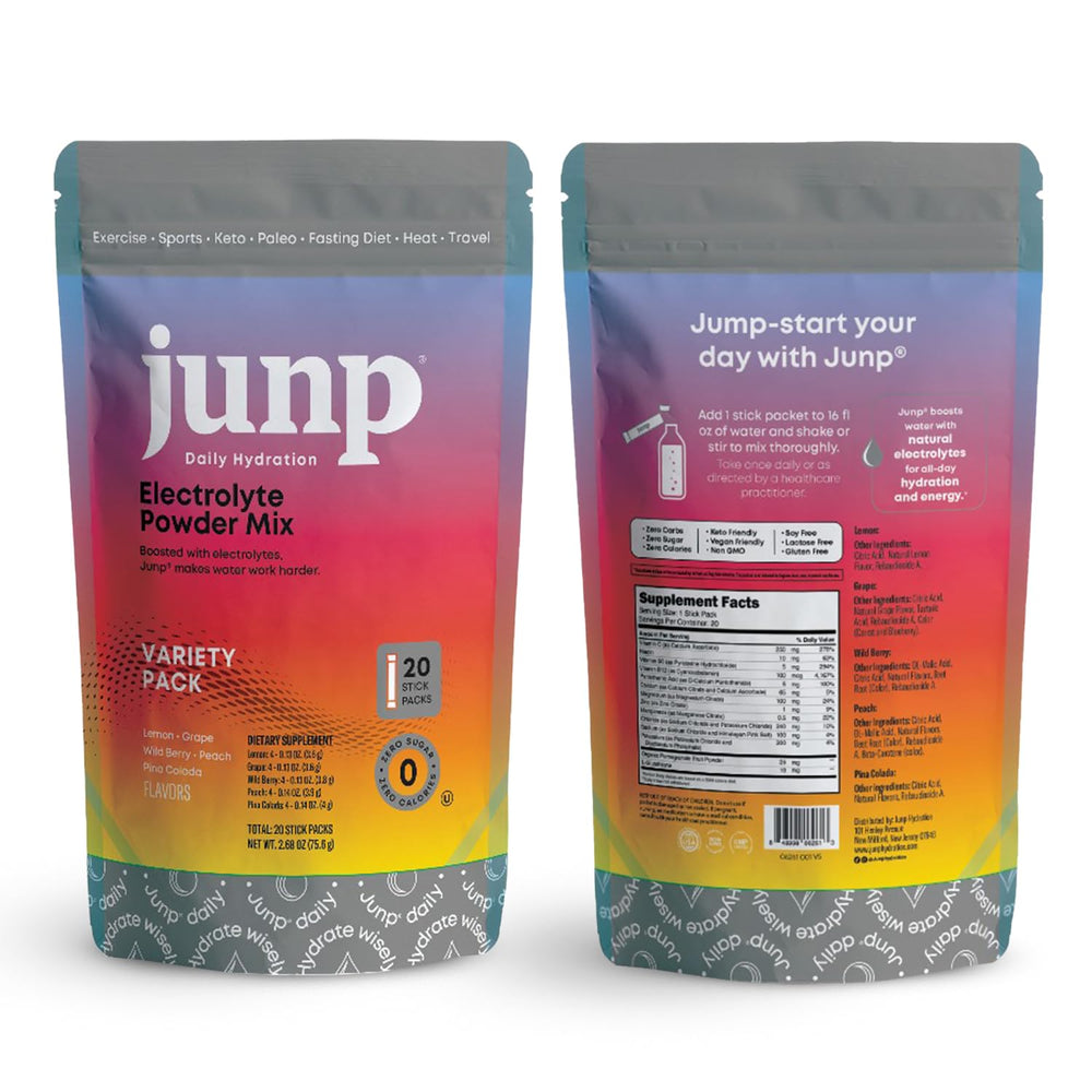 JUNP five-flavor variety pack with resealable pouch and easy-dissolve sticks.