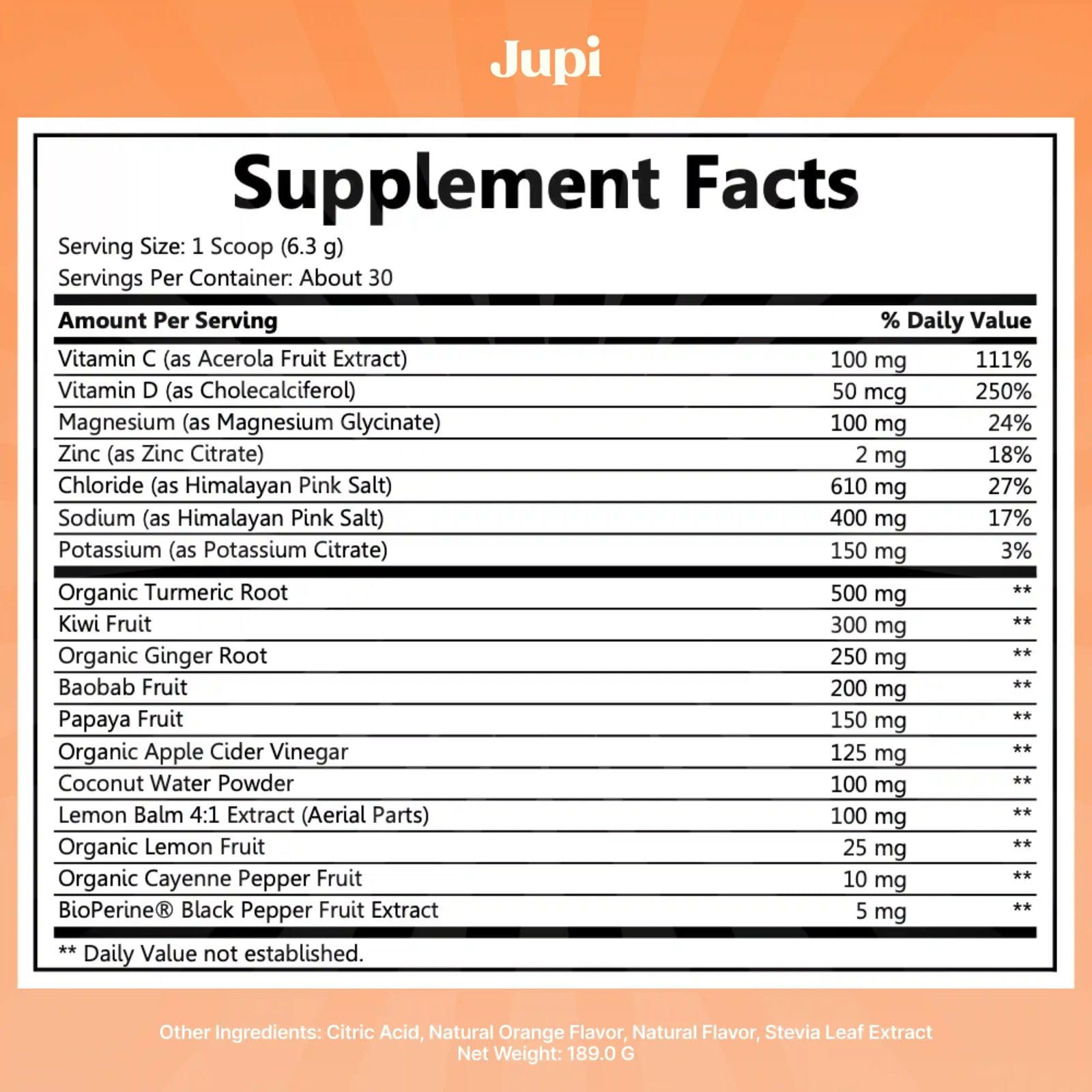 Jupi vegan gluten-free label close-up emphasizes clean ingredients