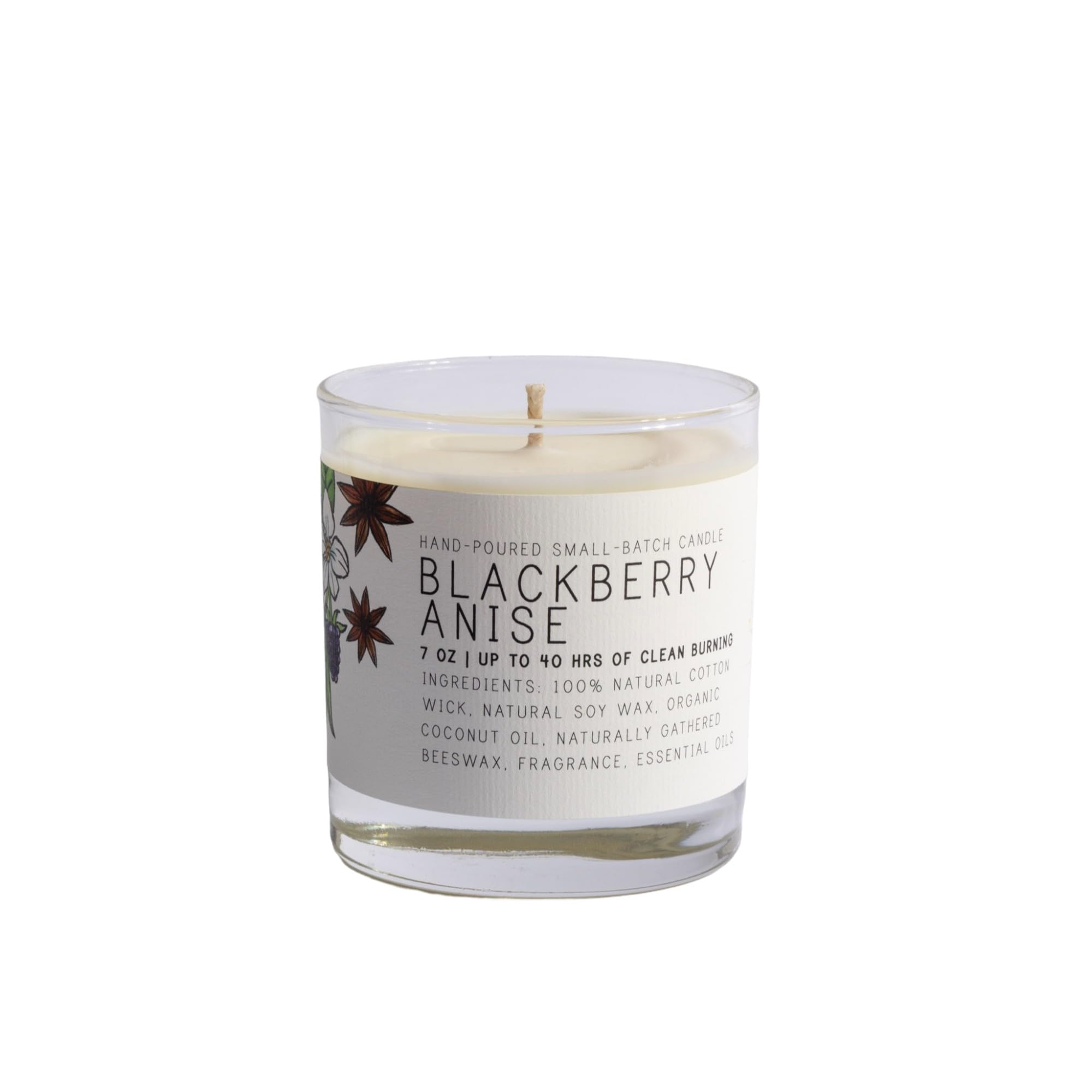 Just Bee Blackberry Anise candle in a glass holder with calming aroma for home