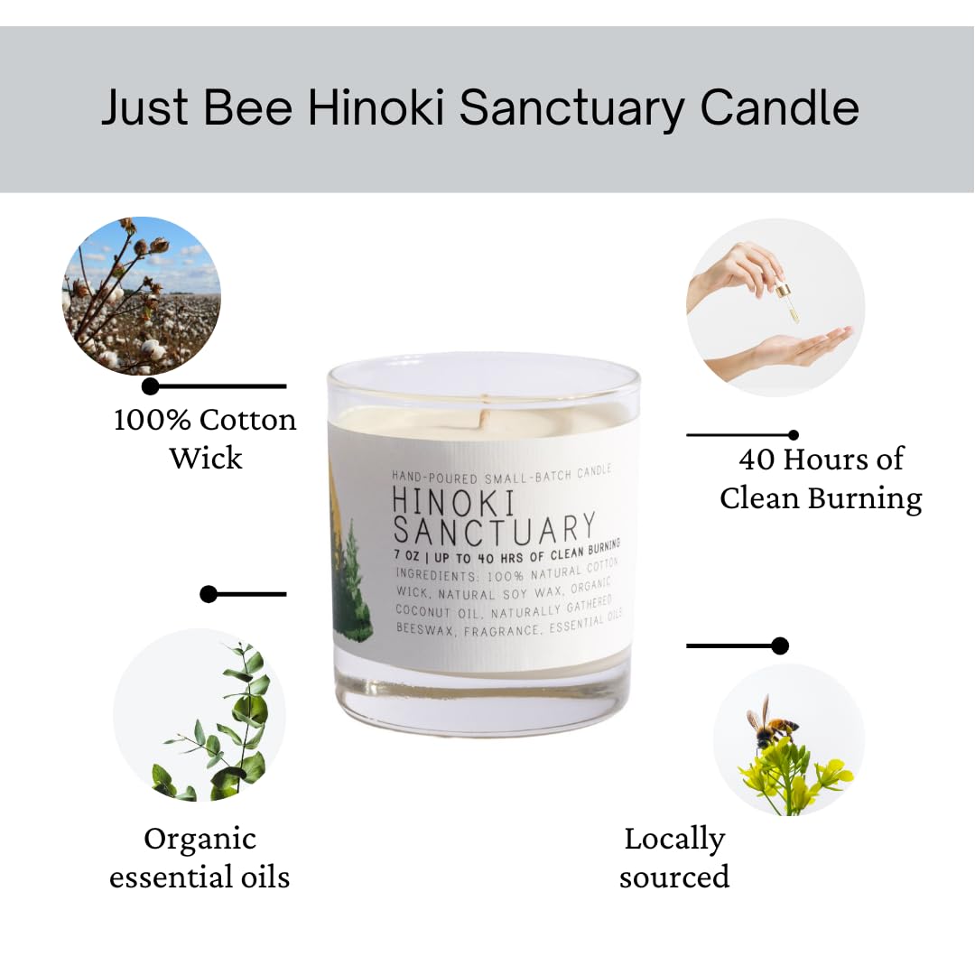 Just Bee Hinoki candle ambient burn demonstrates tranquil mood for relaxation.