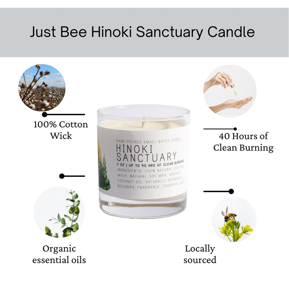 Just Bee Hinoki candle ambient burn demonstrates tranquil mood for relaxation.