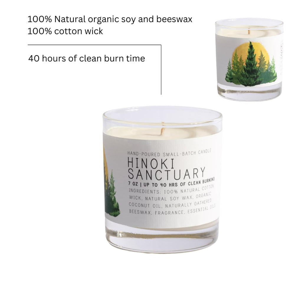 Just Bee Hinoki candle wick close-up highlights easy trim for steady ambiance.