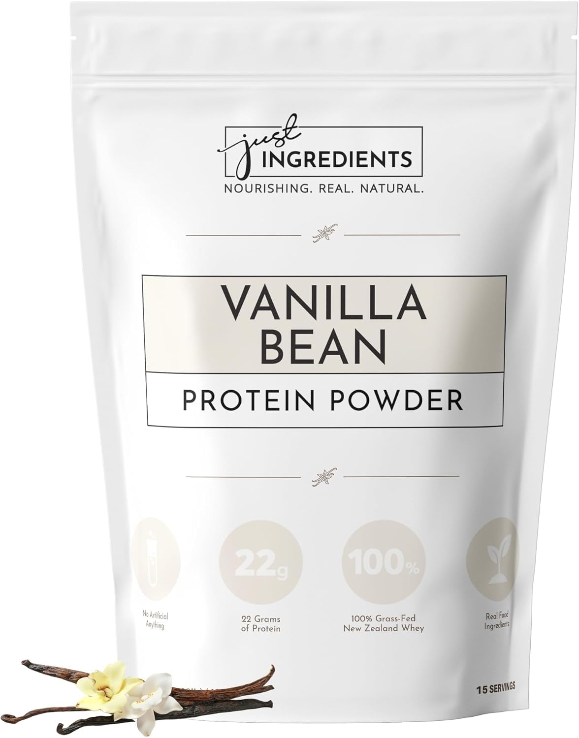 Just Ingrediants vanilla protein powder jar, clean label nutrition