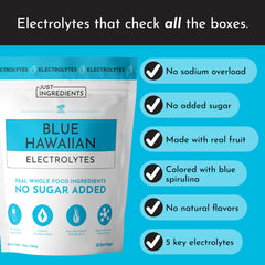 Dissolving JUST INGREDIENTS Blue Hawaiian electrolytes in water creates a refreshing drink.