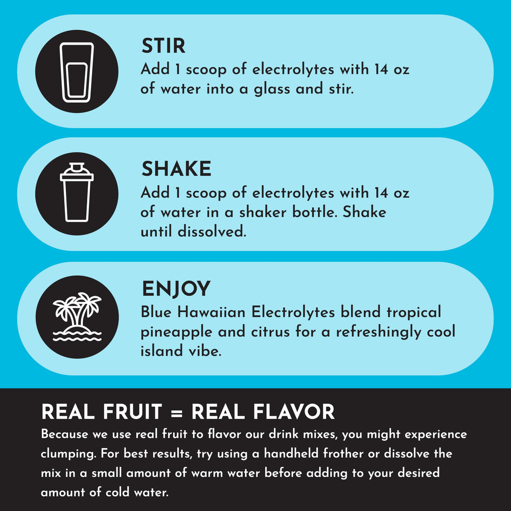 Athlete pours JUST INGREDIENTS Blue Hawaiian electrolytes to support fluid balance.