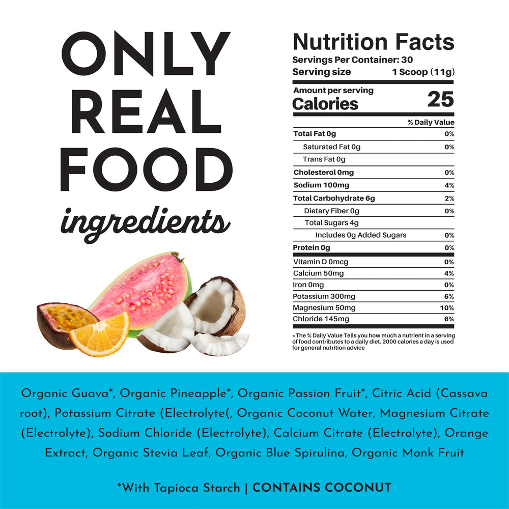 JUST INGREDIENTS Blue Hawaiian electrolytes tub back shows minerals for balanced hydration.