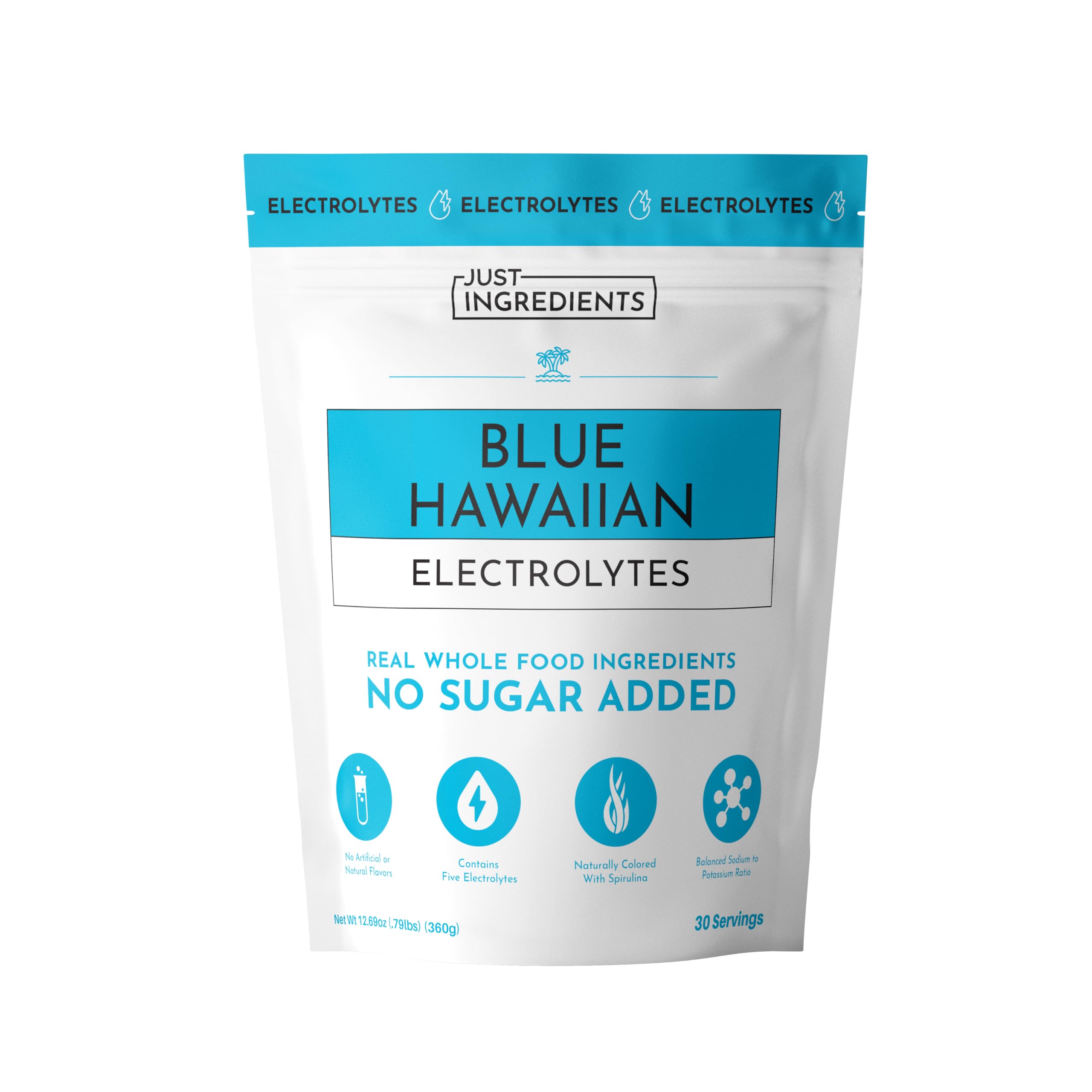 JUST INGREDIENTS Blue Hawaiian electrolytes tub front for tropical hydration.