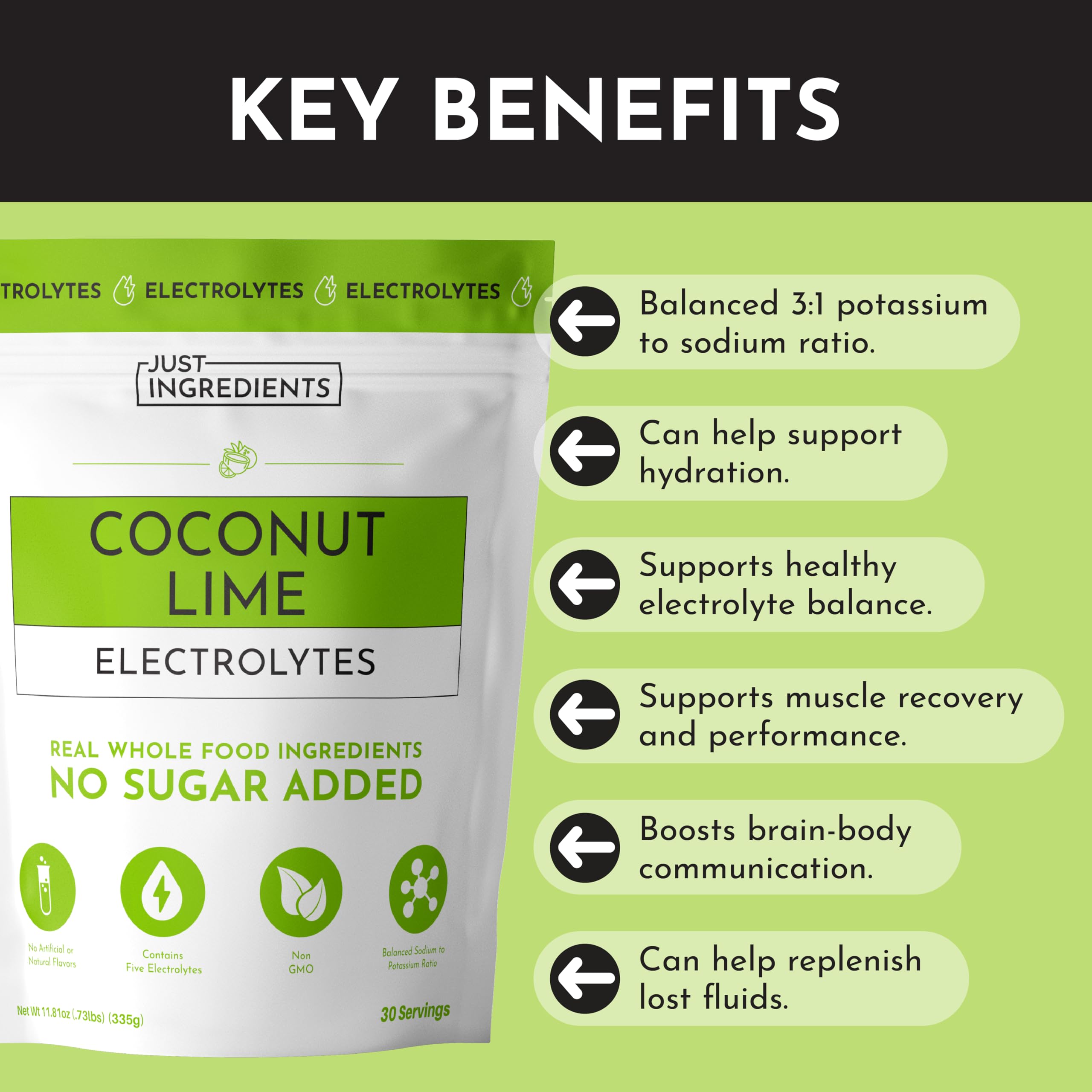 Just Ingredients Coconut Lime Electrolytes packaging underscores no artificial additives
