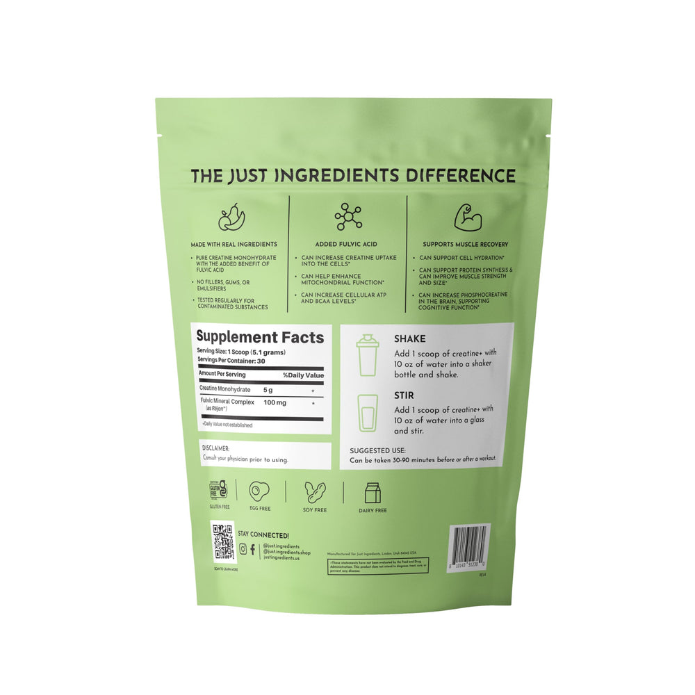JUST INGREDIENTS creatine monohydrate powder jar closeup highlights micronized texture