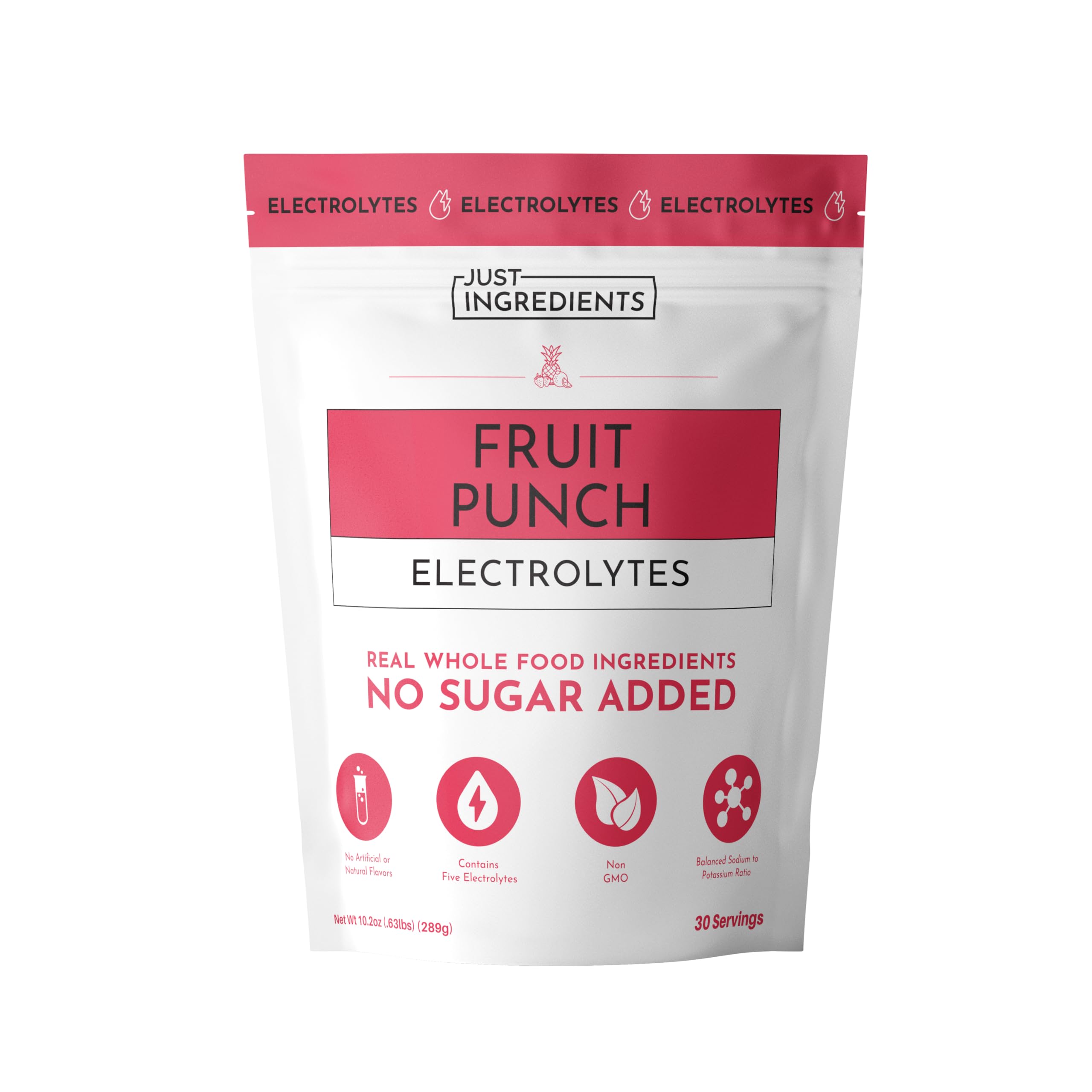 Just Ingredients Fruit Punch Electrolytes bottle closeup showing hydration-friendly formula.
