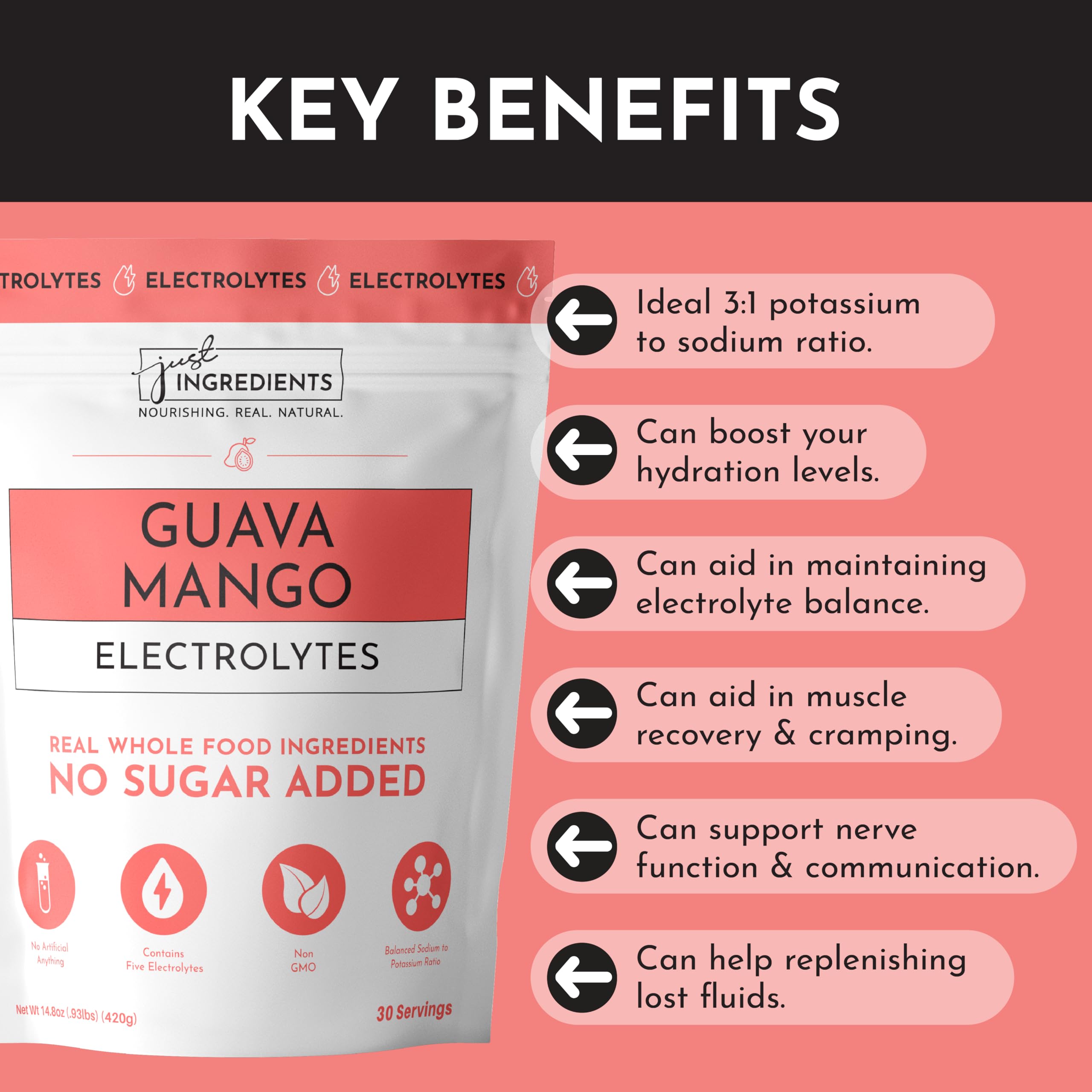 JUST INGREDIENTS Guava Mango Electrolytes ingredients panel with clean formulation