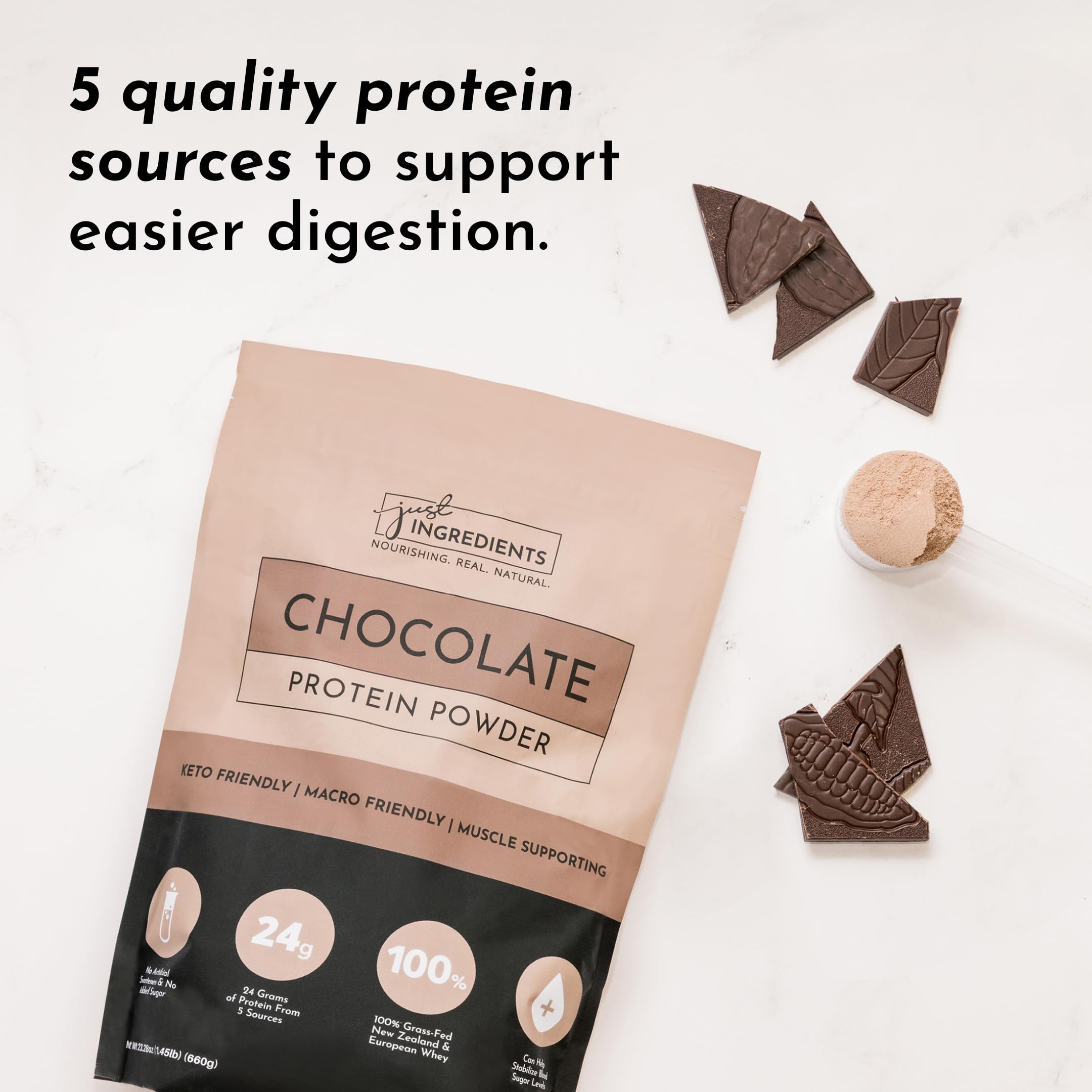 JUST INGREDIENTS fully disclosed ingredients label communicates transparency and clean nutrition.