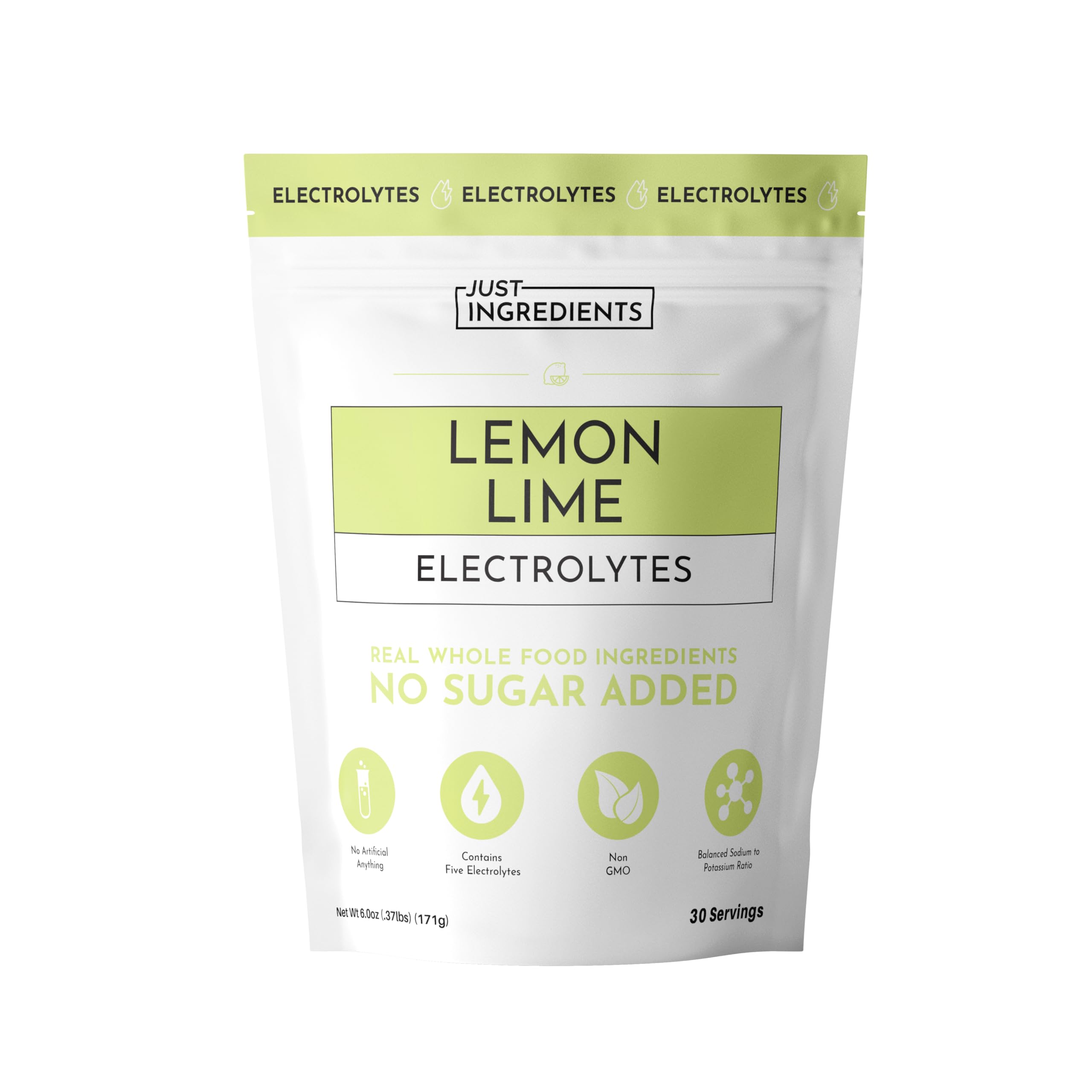 JUST INGREDIENTS Lemon Lime Electrolytes bottle shows bright powder and hydration support.