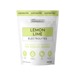 JUST INGREDIENTS Lemon Lime Electrolytes bottle shows bright powder and hydration support.